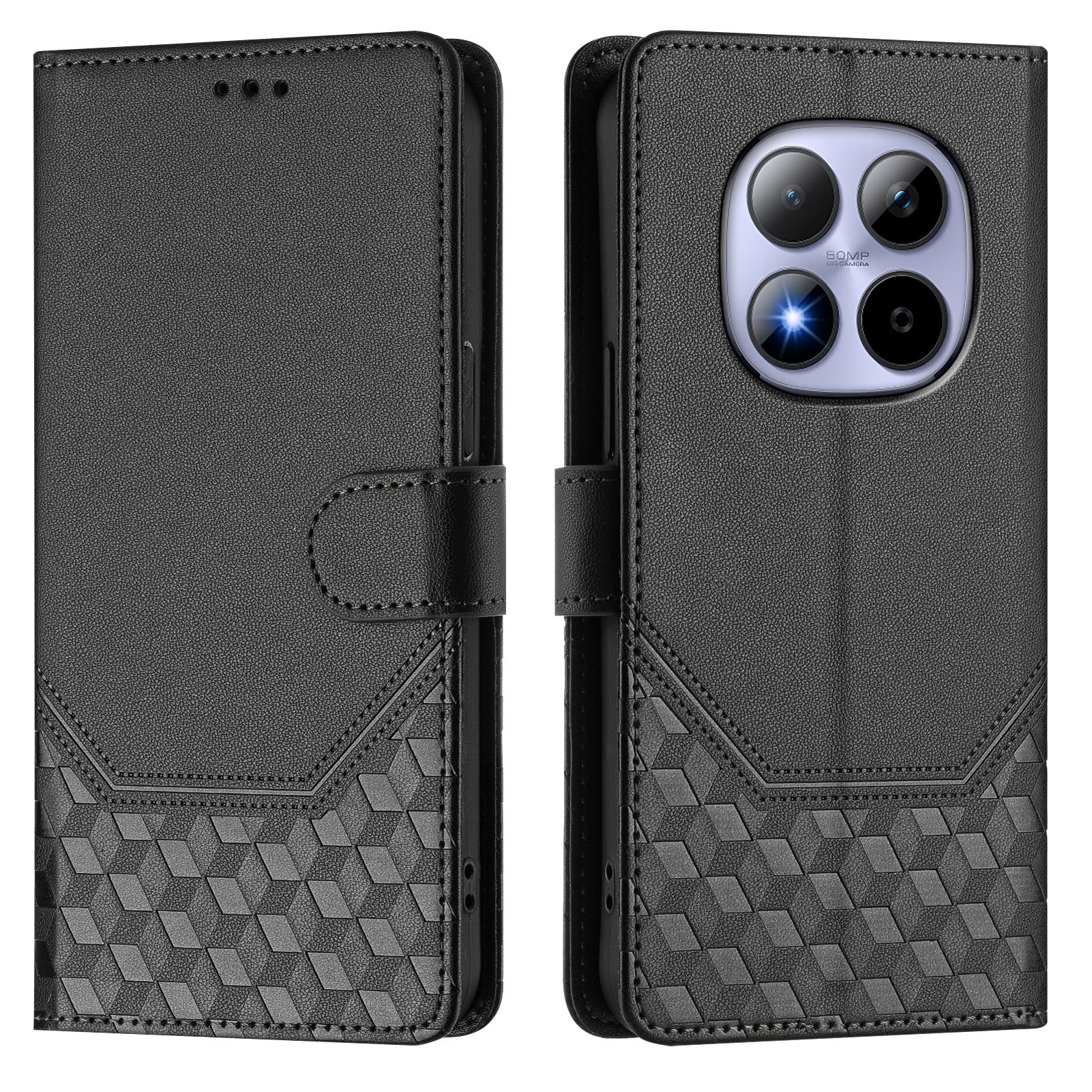 For Xiaomi Redmi Note 15 Pro 5G (Global) Case Imprinted Honeycomb RFID Blocking Leather Phone Cover with Strap - Black