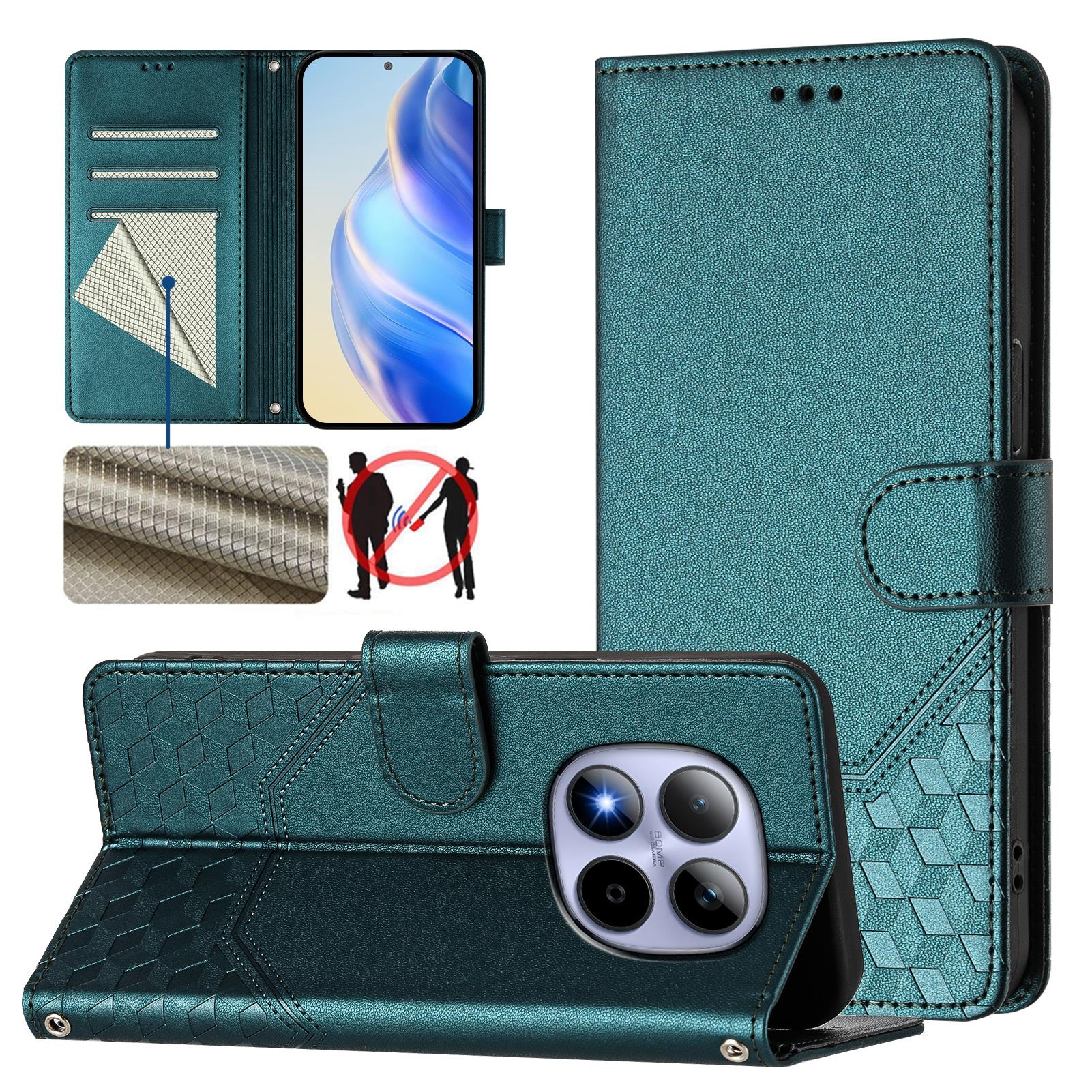 For Xiaomi Redmi Note 15 Pro 5G (Global) Case Imprinted Honeycomb RFID Blocking Leather Phone Cover with Strap - Green