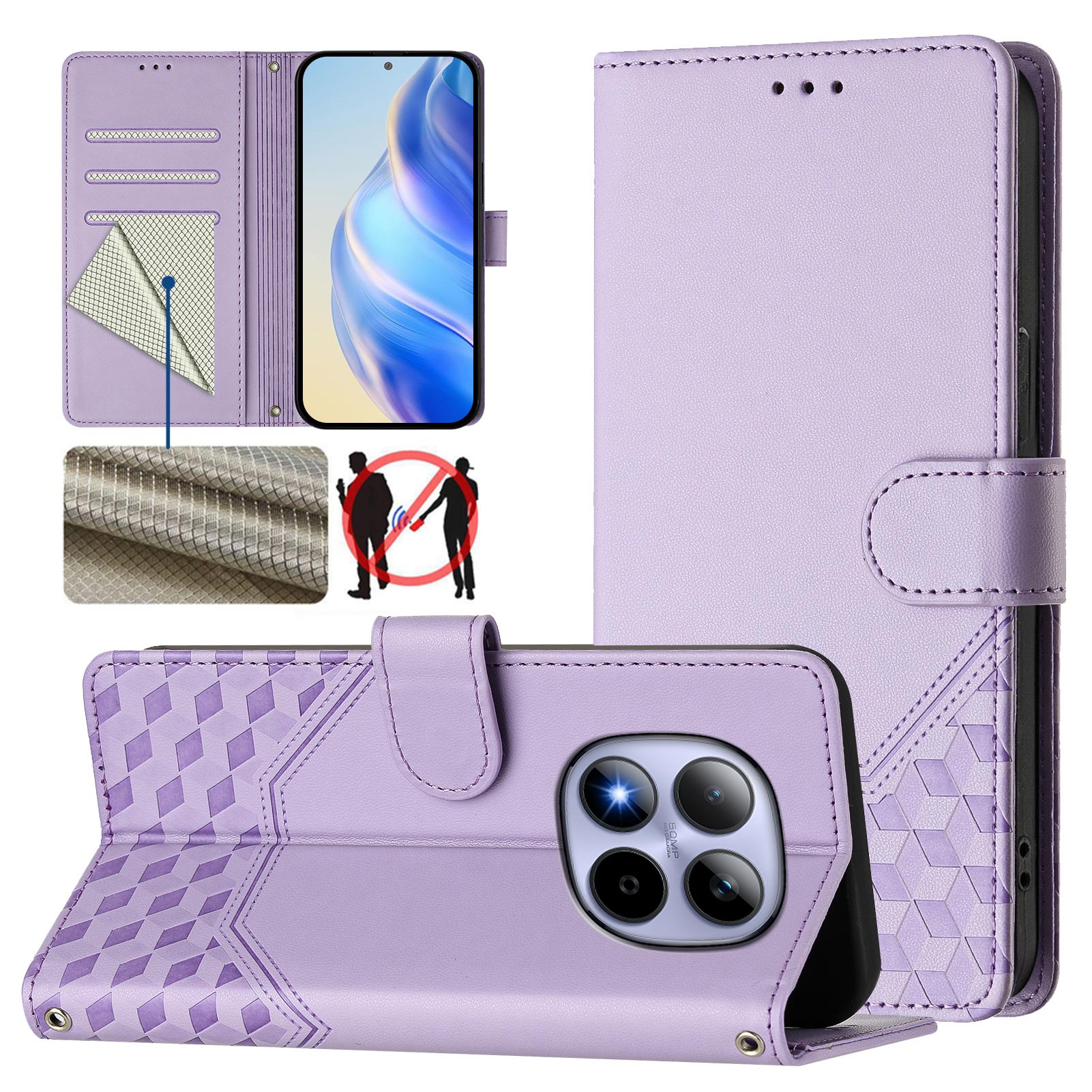 For Xiaomi Redmi Note 15 Pro 5G (Global) Case Imprinted Honeycomb RFID Blocking Leather Phone Cover with Strap - Light Purple