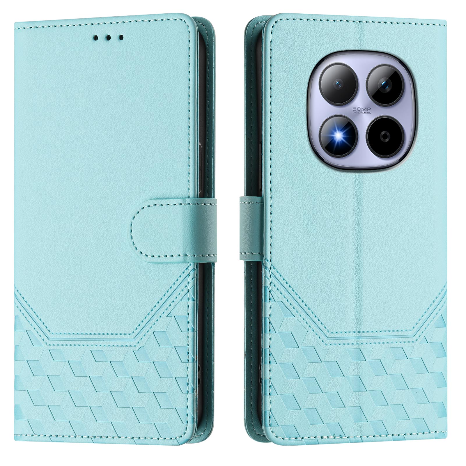 For Xiaomi Redmi Note 15 Pro 5G (Global) Case Imprinted Honeycomb RFID Blocking Leather Phone Cover with Strap - Mint Green