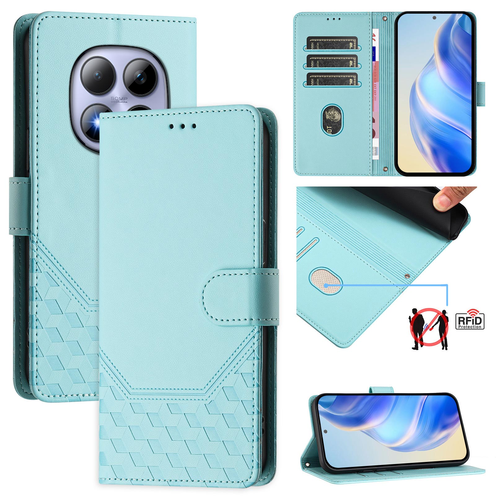For Xiaomi Redmi Note 15 Pro 5G (Global) Case Imprinted Honeycomb RFID Blocking Leather Phone Cover with Strap - Mint Green