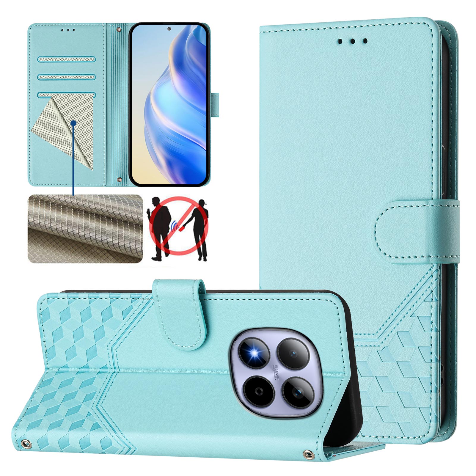 For Xiaomi Redmi Note 15 Pro 5G (Global) Case Imprinted Honeycomb RFID Blocking Leather Phone Cover with Strap - Mint Green