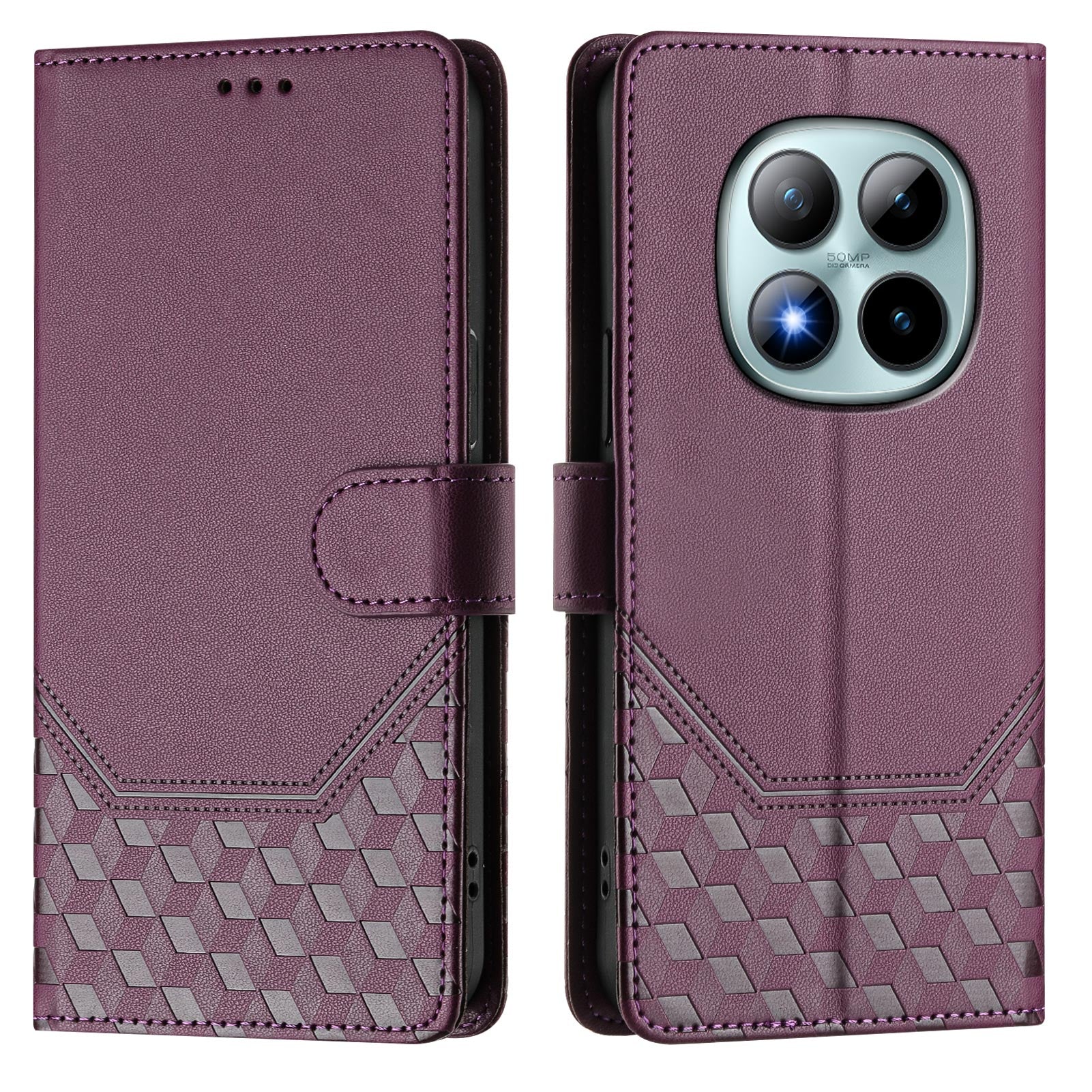 For Xiaomi Poco M8 Pro 5G / Redmi Note 15 Pro+ 5G (Global) Case Imprinted Honeycomb RFID Blocking Leather Phone Cover with Strap - Dark Purple