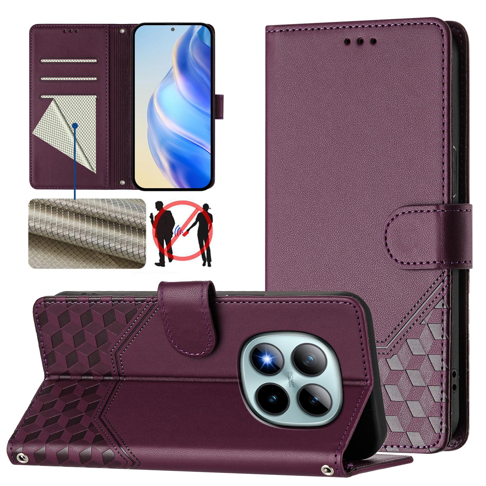 For Xiaomi Poco M8 Pro 5G / Redmi Note 15 Pro+ 5G (Global) Case Imprinted Honeycomb RFID Blocking Leather Phone Cover with Strap - Dark Purple