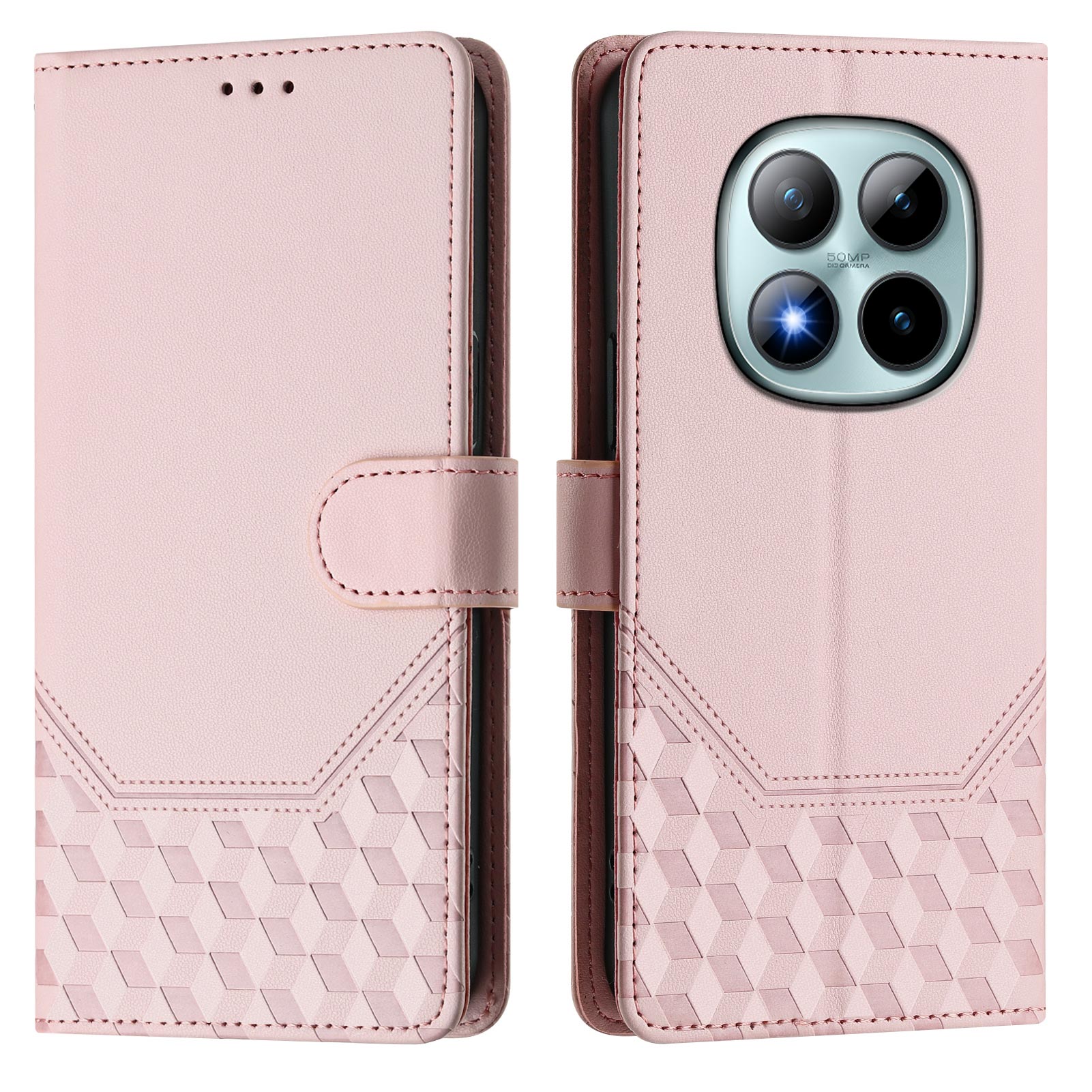 For Xiaomi Poco M8 Pro 5G / Redmi Note 15 Pro+ 5G (Global) Case Imprinted Honeycomb RFID Blocking Leather Phone Cover with Strap - Pink