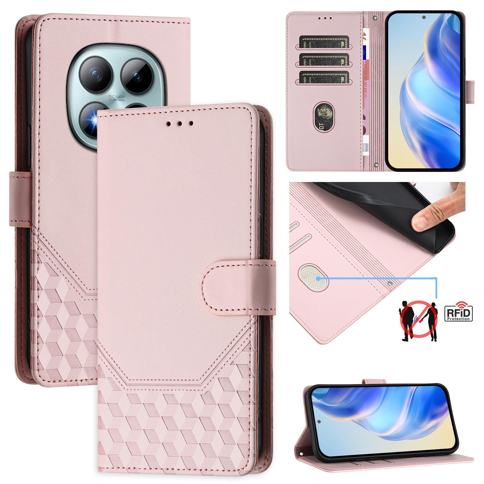 For Xiaomi Poco M8 Pro 5G / Redmi Note 15 Pro+ 5G (Global) Case Imprinted Honeycomb RFID Blocking Leather Phone Cover with Strap - Pink