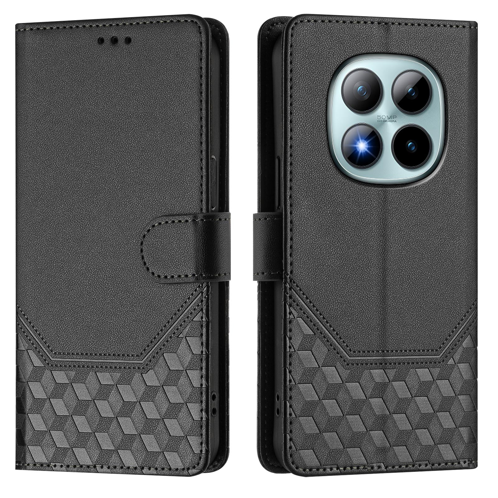 For Xiaomi Poco M8 Pro 5G / Redmi Note 15 Pro+ 5G (Global) Case Imprinted Honeycomb RFID Blocking Leather Phone Cover with Strap - Black
