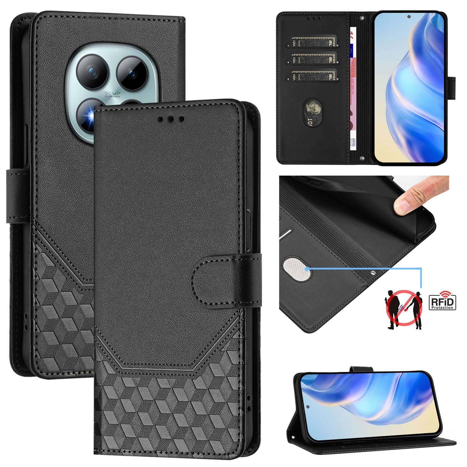 For Xiaomi Poco M8 Pro 5G / Redmi Note 15 Pro+ 5G (Global) Case Imprinted Honeycomb RFID Blocking Leather Phone Cover with Strap - Black