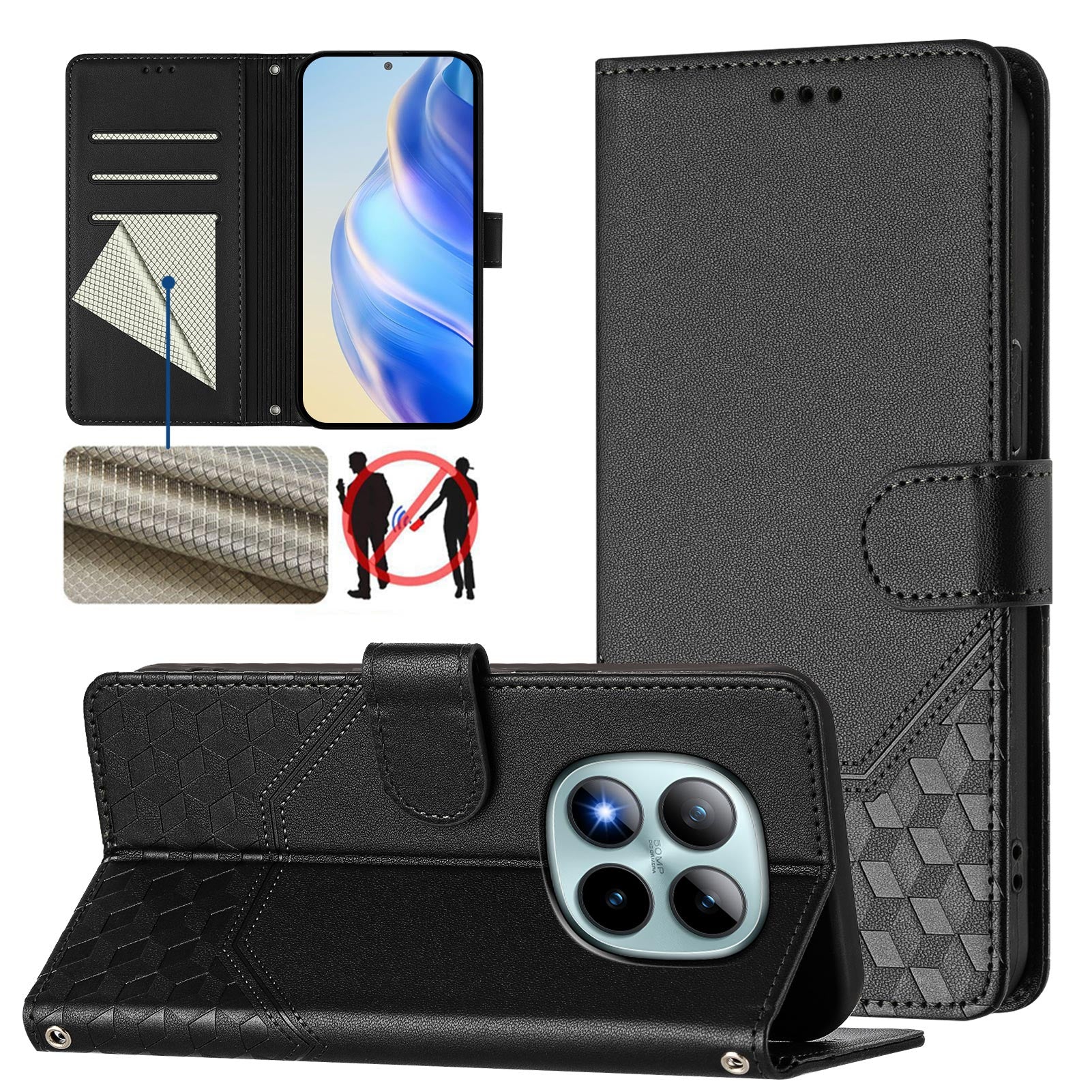 For Xiaomi Poco M8 Pro 5G / Redmi Note 15 Pro+ 5G (Global) Case Imprinted Honeycomb RFID Blocking Leather Phone Cover with Strap - Black