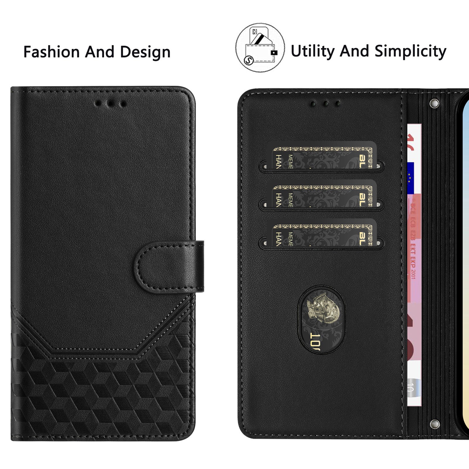 For Xiaomi Poco M8 Pro 5G / Redmi Note 15 Pro+ 5G (Global) Case Imprinted Honeycomb RFID Blocking Leather Phone Cover with Strap - Black