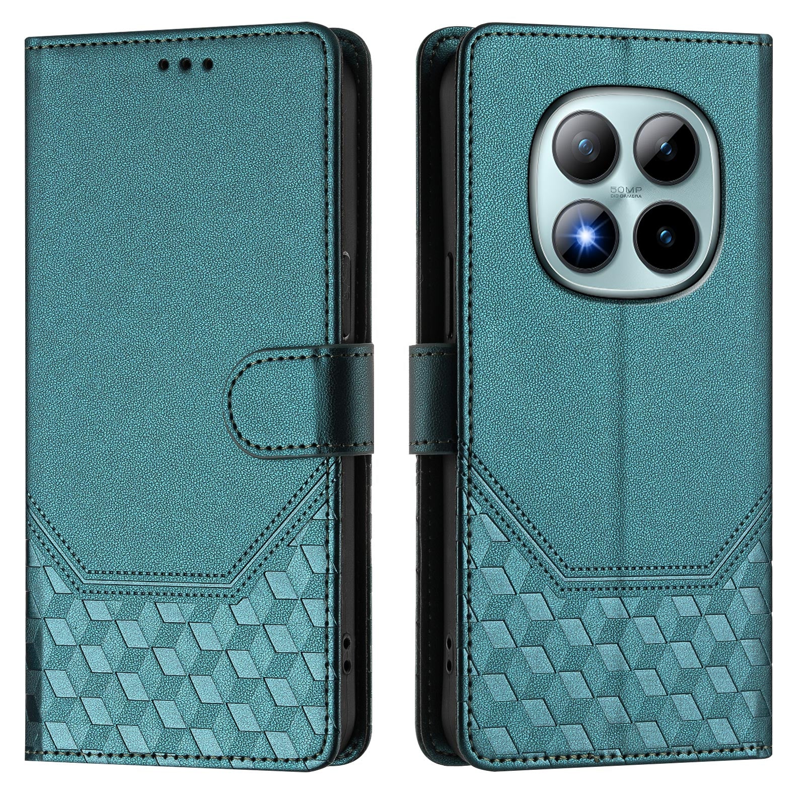For Xiaomi Poco M8 Pro 5G / Redmi Note 15 Pro+ 5G (Global) Case Imprinted Honeycomb RFID Blocking Leather Phone Cover with Strap - Green