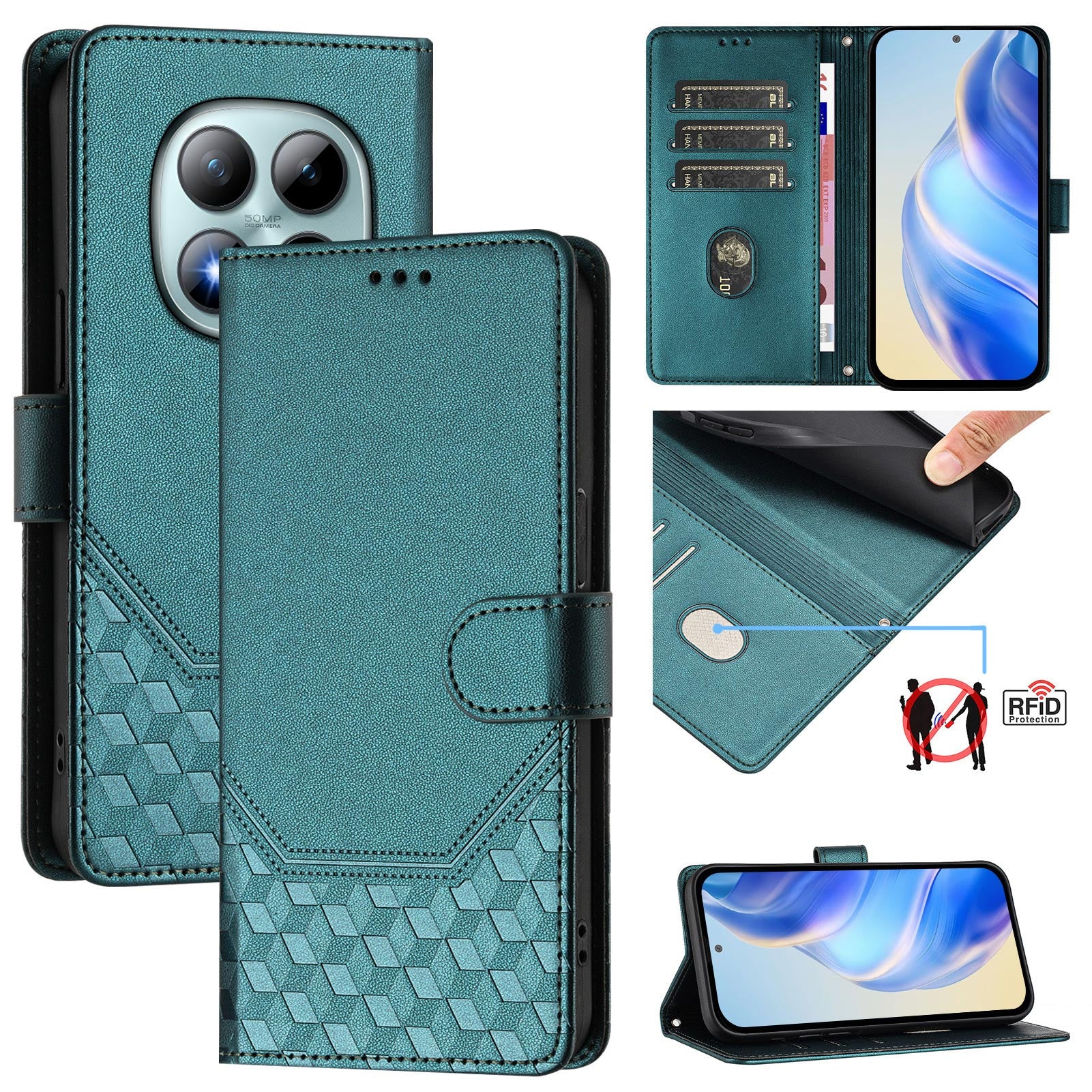 For Xiaomi Poco M8 Pro 5G / Redmi Note 15 Pro+ 5G (Global) Case Imprinted Honeycomb RFID Blocking Leather Phone Cover with Strap - Green