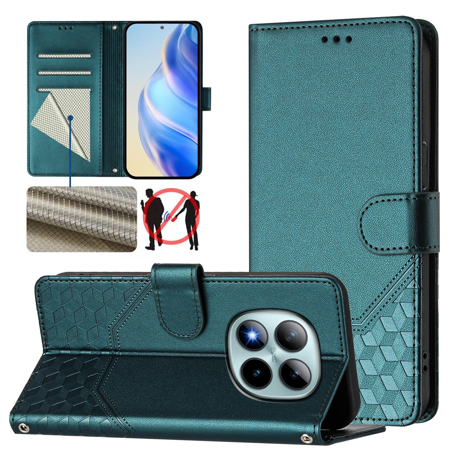 For Xiaomi Poco M8 Pro 5G / Redmi Note 15 Pro+ 5G (Global) Case Imprinted Honeycomb RFID Blocking Leather Phone Cover with Strap - Green