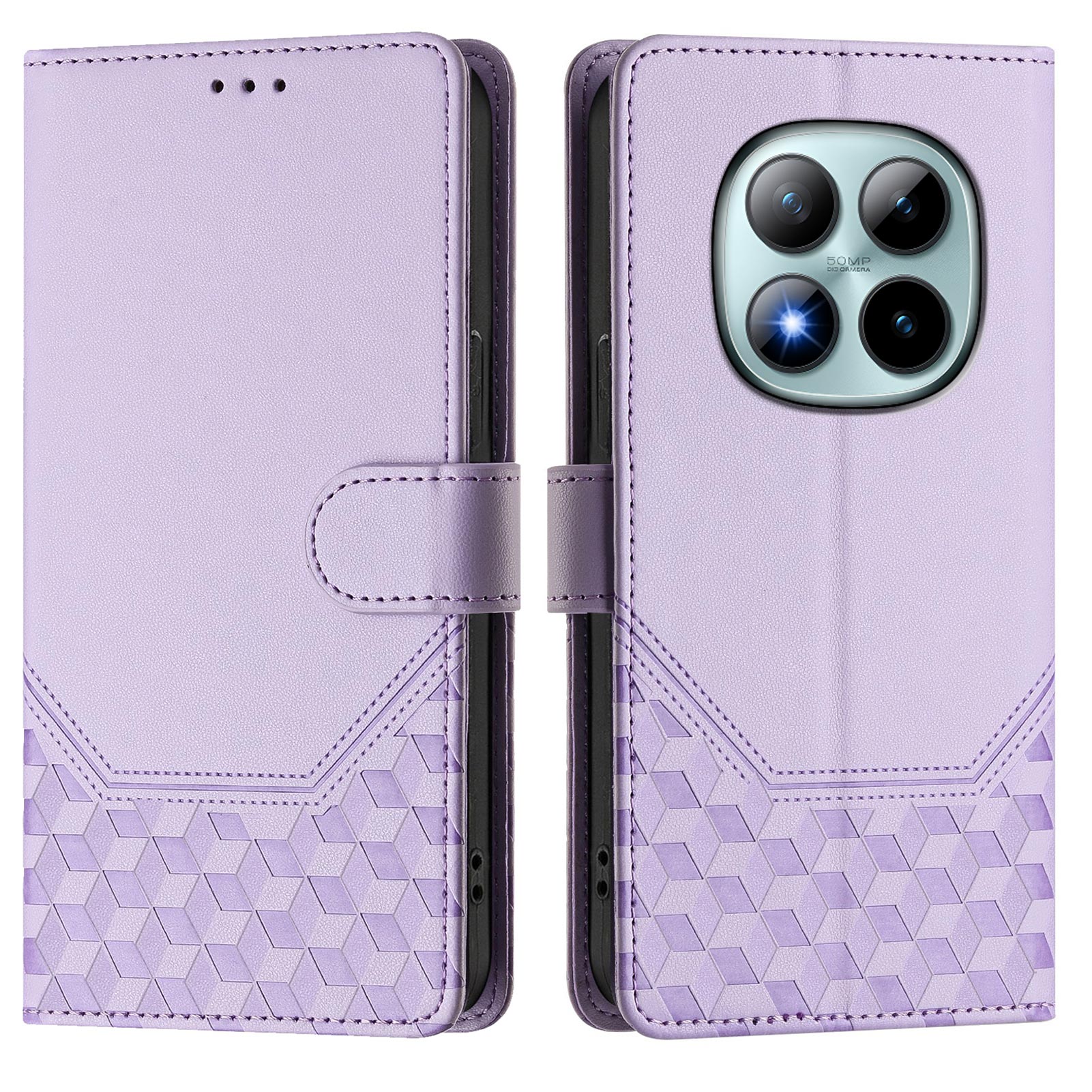 For Xiaomi Poco M8 Pro 5G / Redmi Note 15 Pro+ 5G (Global) Case Imprinted Honeycomb RFID Blocking Leather Phone Cover with Strap - Light Purple