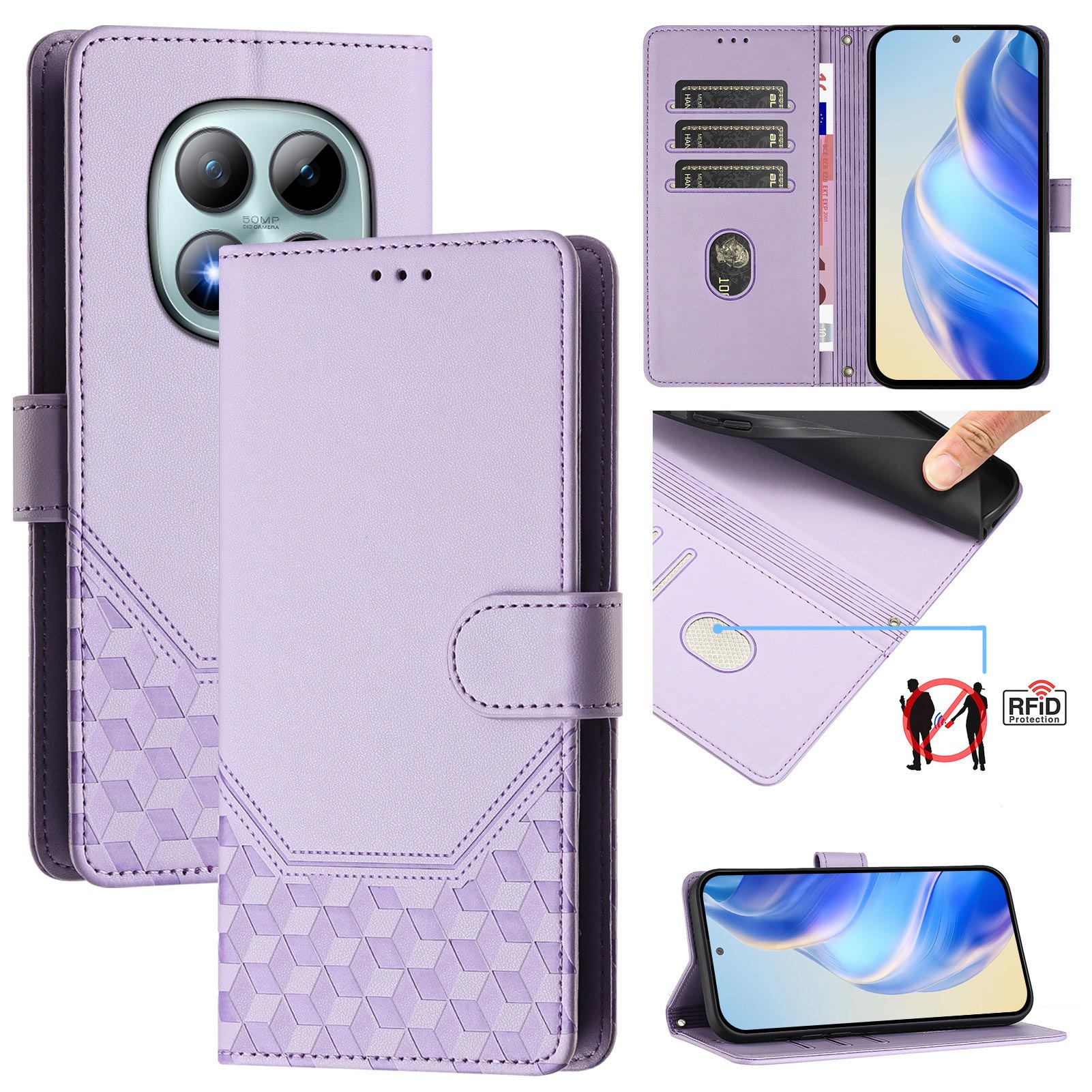 For Xiaomi Poco M8 Pro 5G / Redmi Note 15 Pro+ 5G (Global) Case Imprinted Honeycomb RFID Blocking Leather Phone Cover with Strap - Light Purple