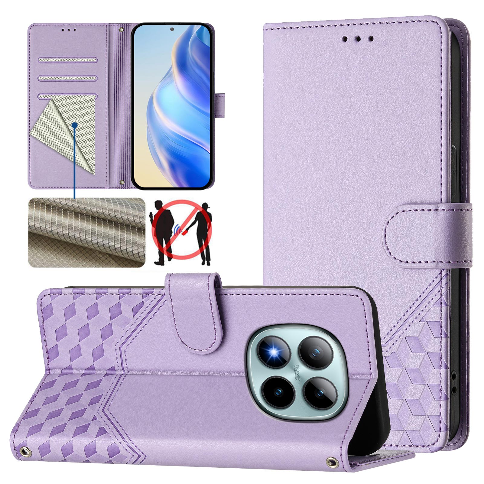 For Xiaomi Poco M8 Pro 5G / Redmi Note 15 Pro+ 5G (Global) Case Imprinted Honeycomb RFID Blocking Leather Phone Cover with Strap - Light Purple
