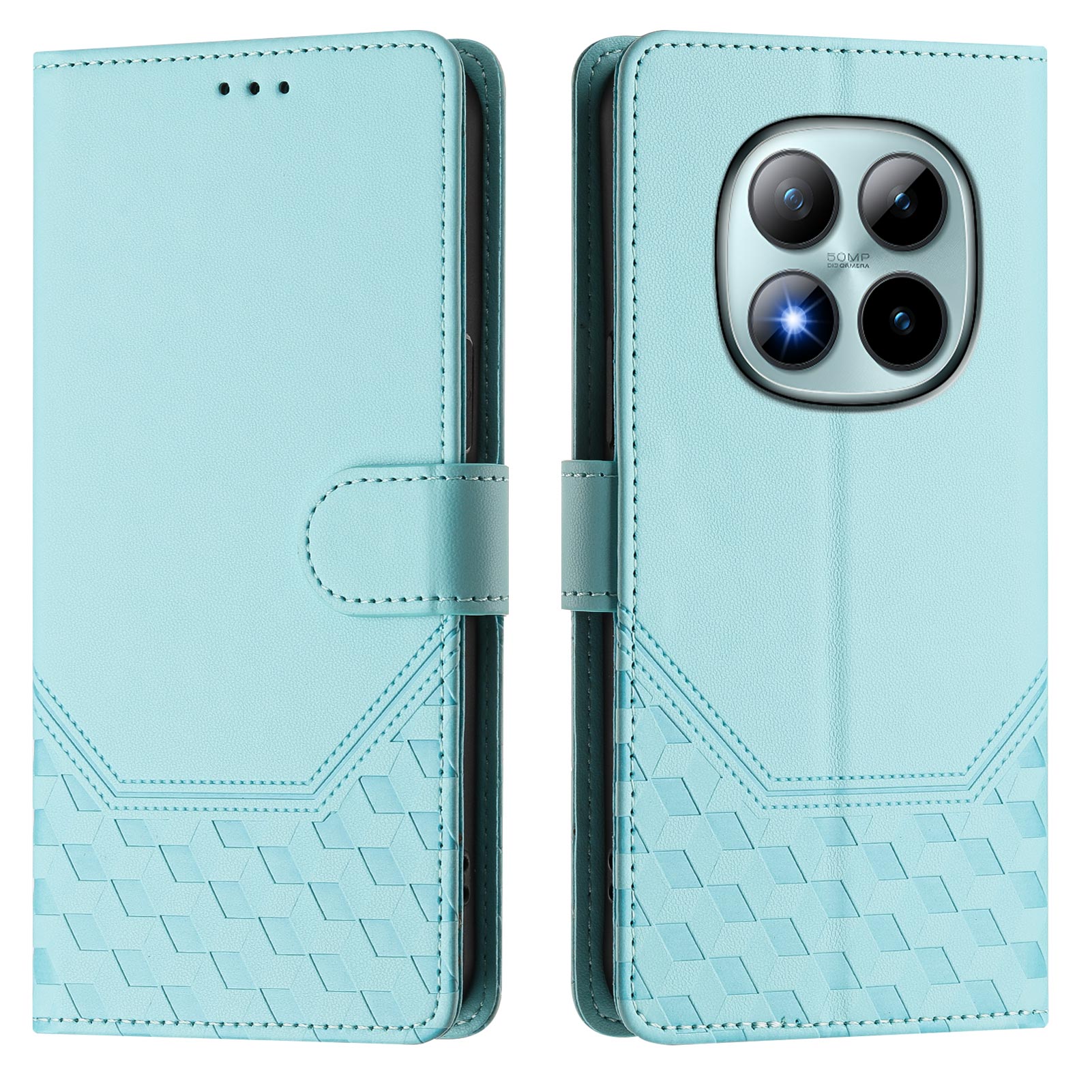 For Xiaomi Poco M8 Pro 5G / Redmi Note 15 Pro+ 5G (Global) Case Imprinted Honeycomb RFID Blocking Leather Phone Cover with Strap - Mint Green