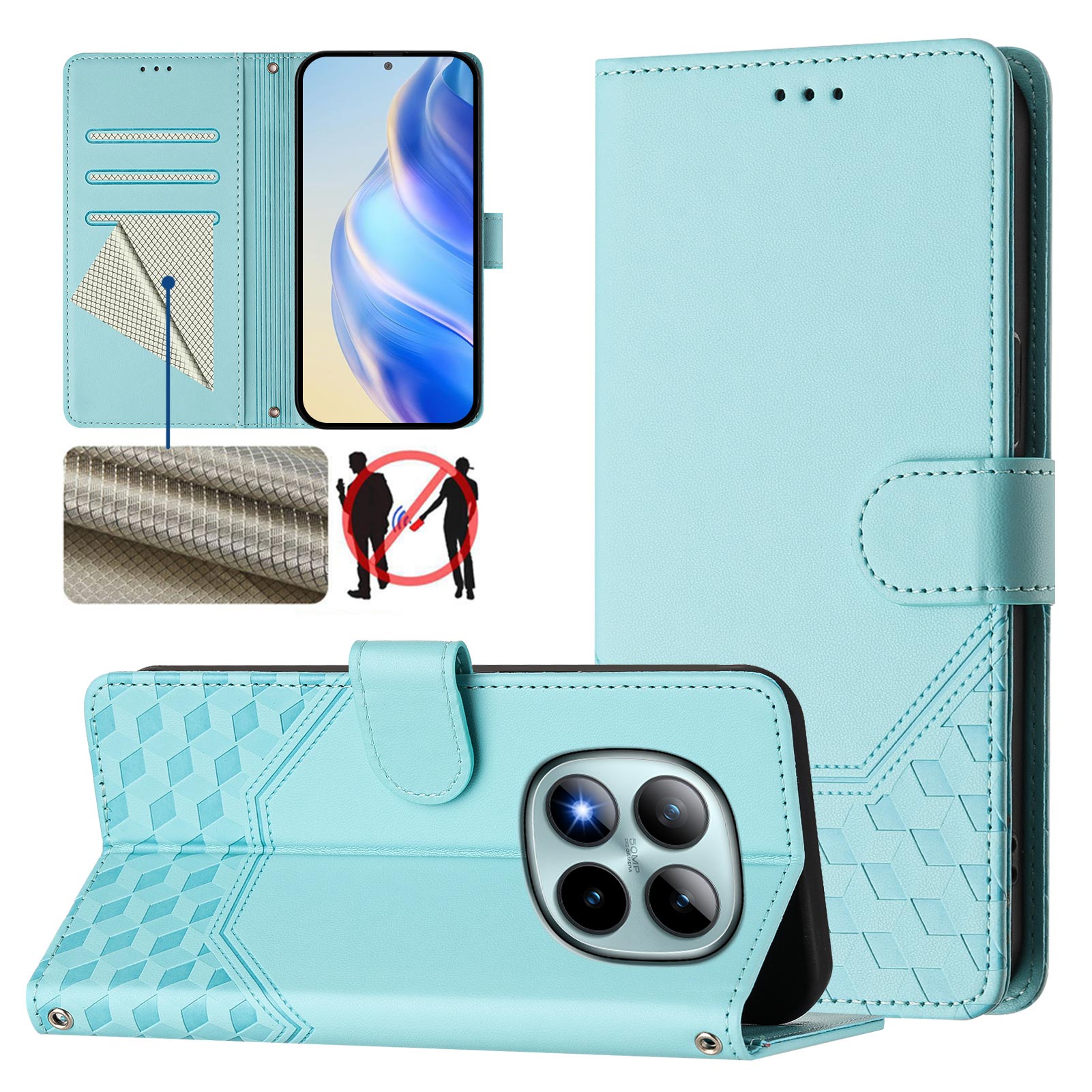 For Xiaomi Poco M8 Pro 5G / Redmi Note 15 Pro+ 5G (Global) Case Imprinted Honeycomb RFID Blocking Leather Phone Cover with Strap - Mint Green