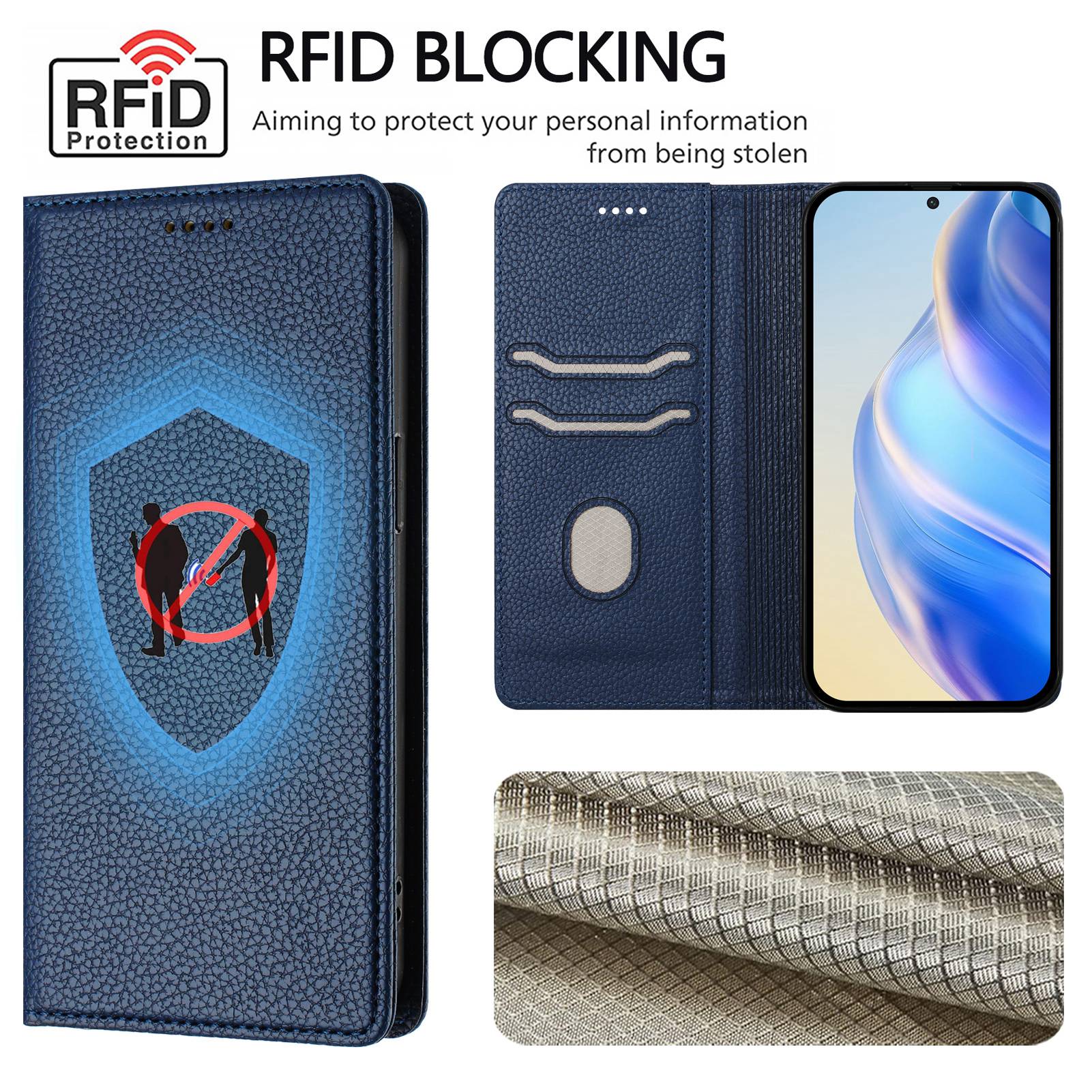 For Xiaomi Redmi Note 15 Pro 5G (Global) Wallet Case RFID Blocking Litchi Texture Leather Mobile Cover - Dark Blue