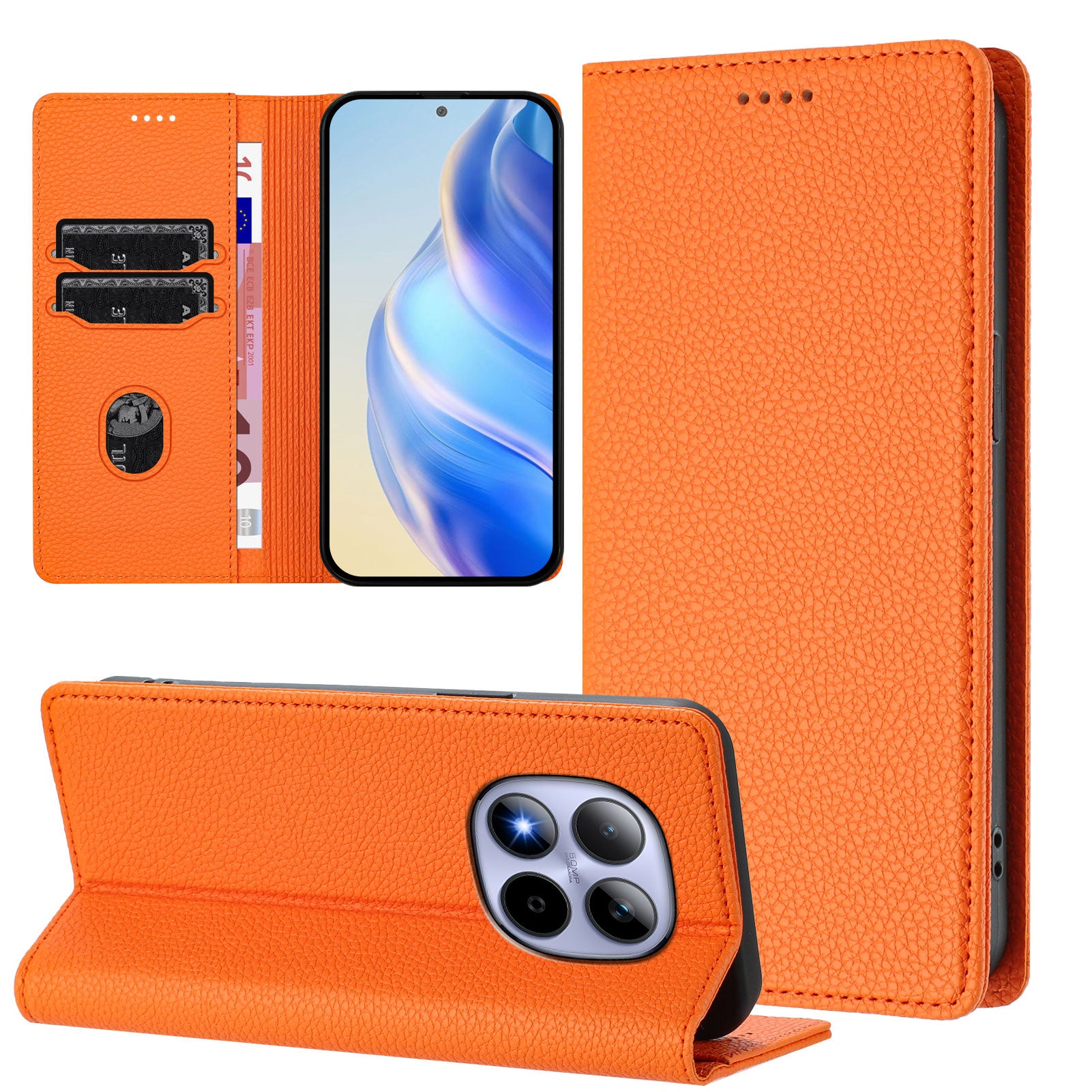 For Xiaomi Redmi Note 15 Pro 5G (Global) Wallet Case RFID Blocking Litchi Texture Leather Mobile Cover - Orange