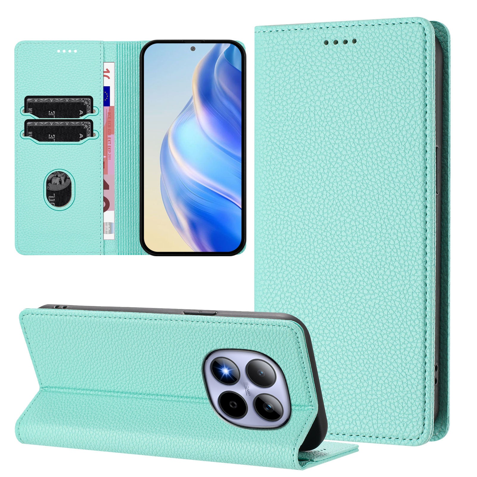 For Xiaomi Redmi Note 15 Pro 5G (Global) Wallet Case RFID Blocking Litchi Texture Leather Mobile Cover - Mint Green