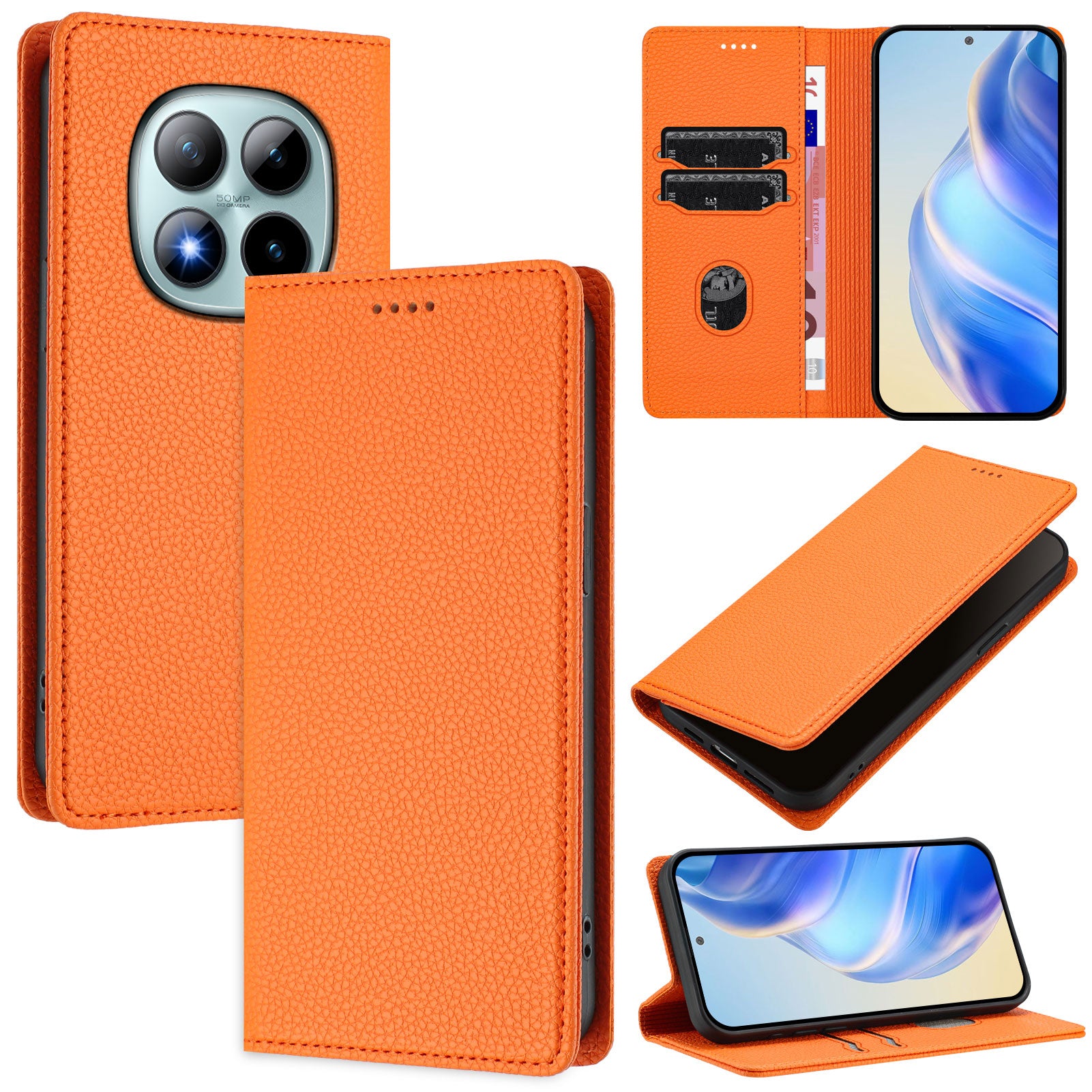 For Xiaomi Poco M8 Pro 5G / Redmi Note 15 Pro+ 5G (Global) Wallet Case RFID Blocking Litchi Texture Leather Mobile Cover - Orange