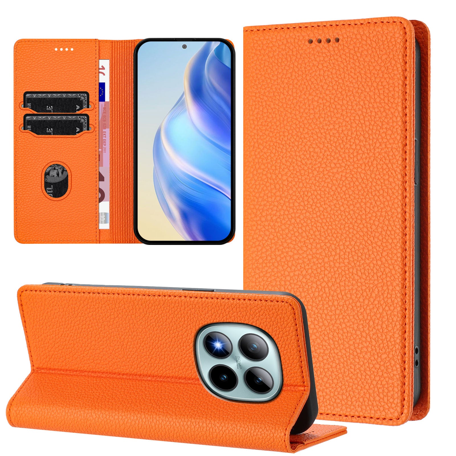 For Xiaomi Poco M8 Pro 5G / Redmi Note 15 Pro+ 5G (Global) Wallet Case RFID Blocking Litchi Texture Leather Mobile Cover - Orange
