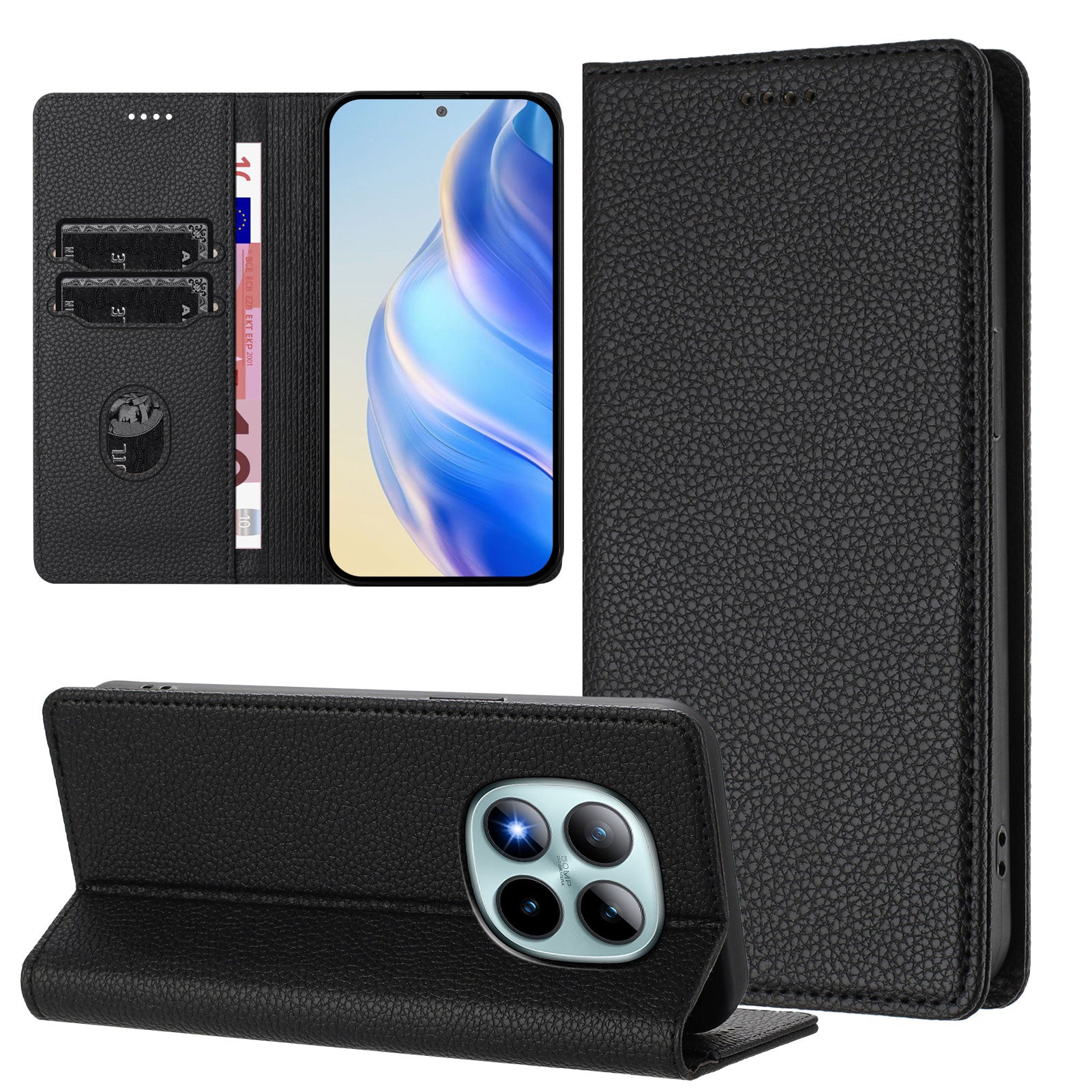 For Xiaomi Poco M8 Pro 5G / Redmi Note 15 Pro+ 5G (Global) Wallet Case RFID Blocking Litchi Texture Leather Mobile Cover - Black