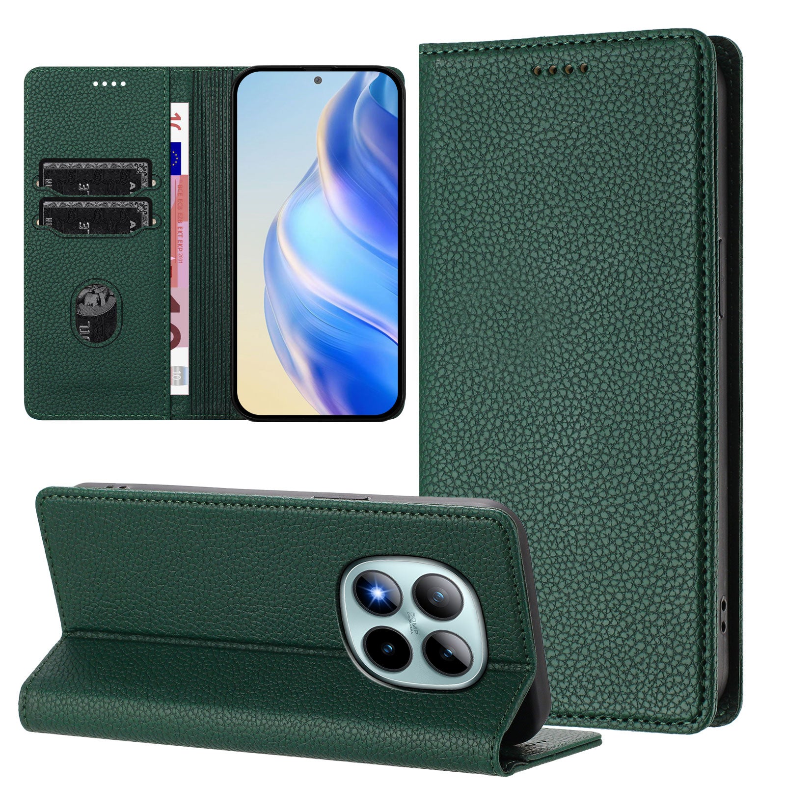 For Xiaomi Poco M8 Pro 5G / Redmi Note 15 Pro+ 5G (Global) Wallet Case RFID Blocking Litchi Texture Leather Mobile Cover - Dark Green