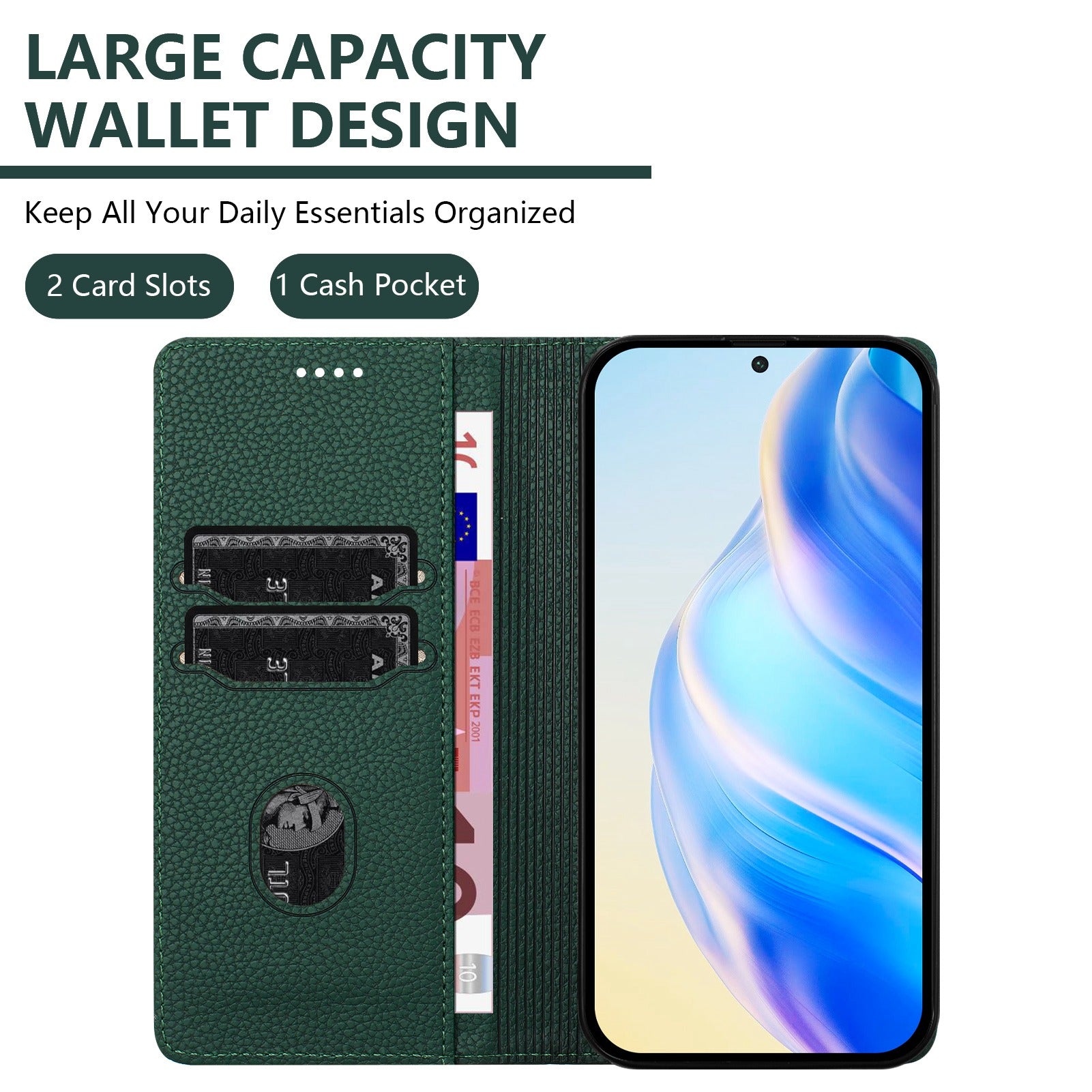 For Xiaomi Poco M8 Pro 5G / Redmi Note 15 Pro+ 5G (Global) Wallet Case RFID Blocking Litchi Texture Leather Mobile Cover - Dark Green