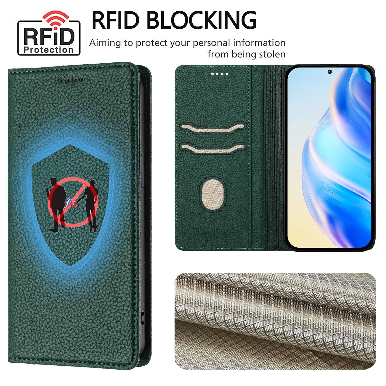 For Xiaomi Poco M8 Pro 5G / Redmi Note 15 Pro+ 5G (Global) Wallet Case RFID Blocking Litchi Texture Leather Mobile Cover - Dark Green