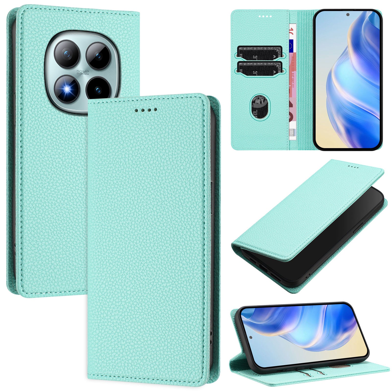 For Xiaomi Poco M8 Pro 5G / Redmi Note 15 Pro+ 5G (Global) Wallet Case RFID Blocking Litchi Texture Leather Mobile Cover - Mint Green