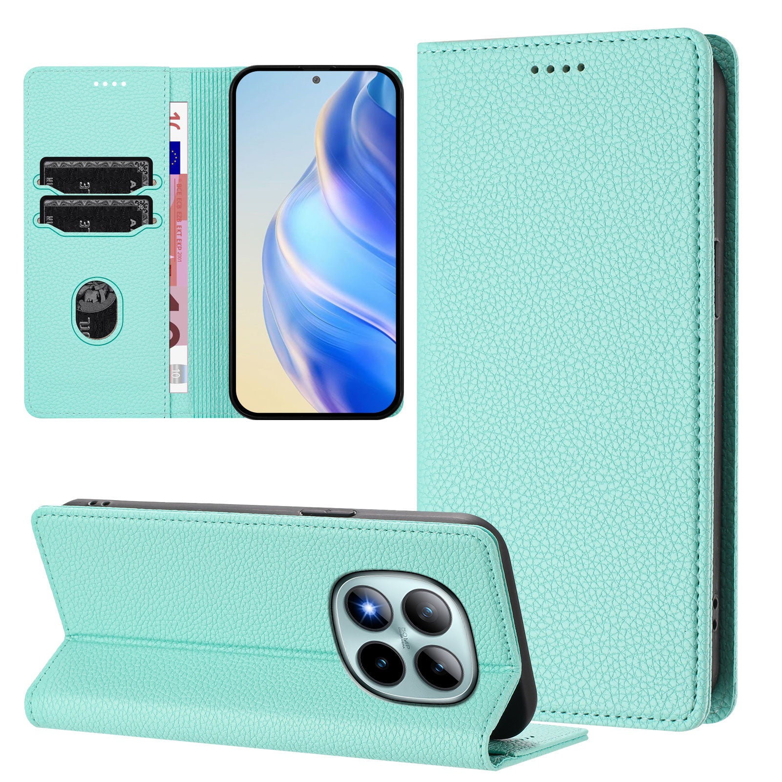 For Xiaomi Poco M8 Pro 5G / Redmi Note 15 Pro+ 5G (Global) Wallet Case RFID Blocking Litchi Texture Leather Mobile Cover - Mint Green
