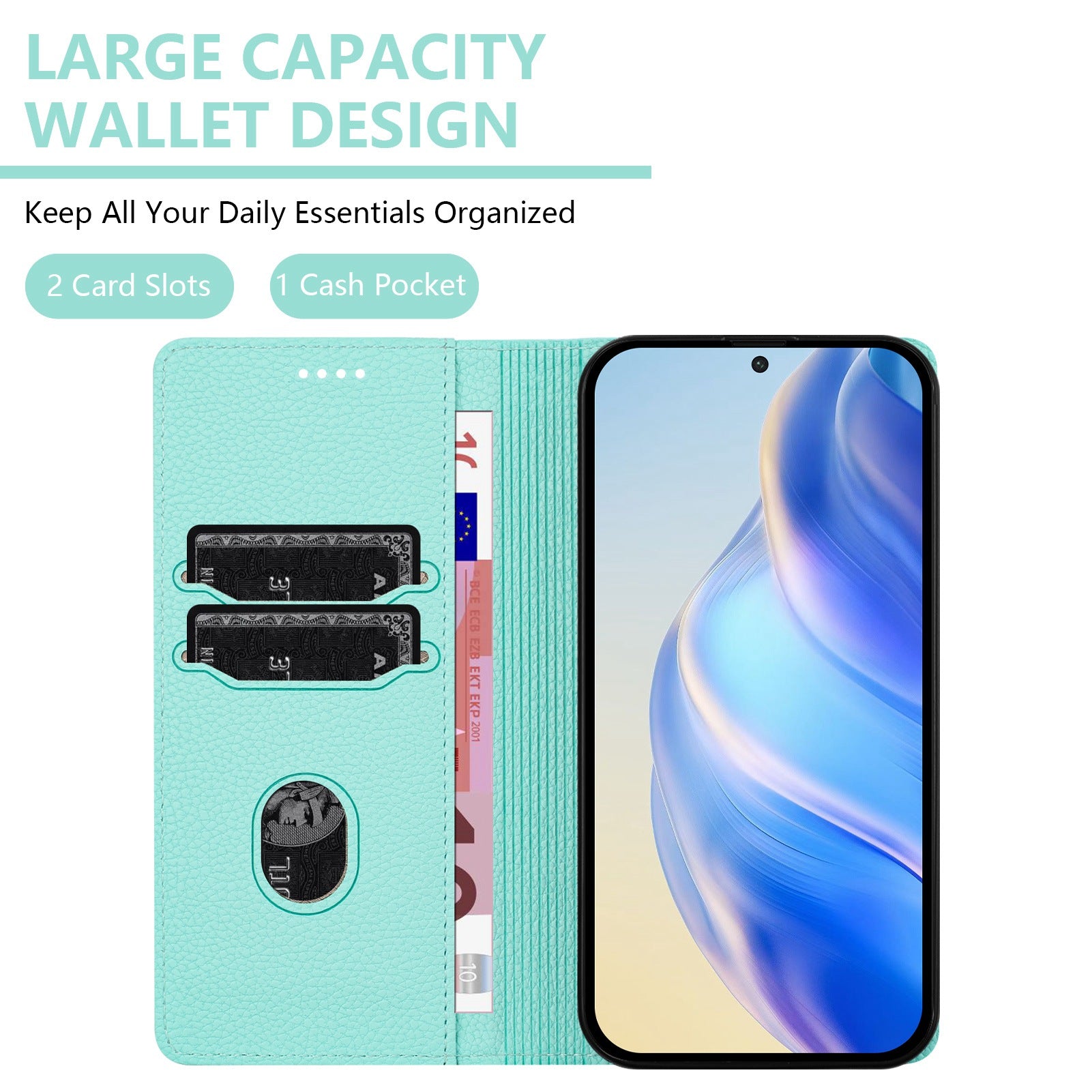 For Xiaomi Poco M8 Pro 5G / Redmi Note 15 Pro+ 5G (Global) Wallet Case RFID Blocking Litchi Texture Leather Mobile Cover - Mint Green