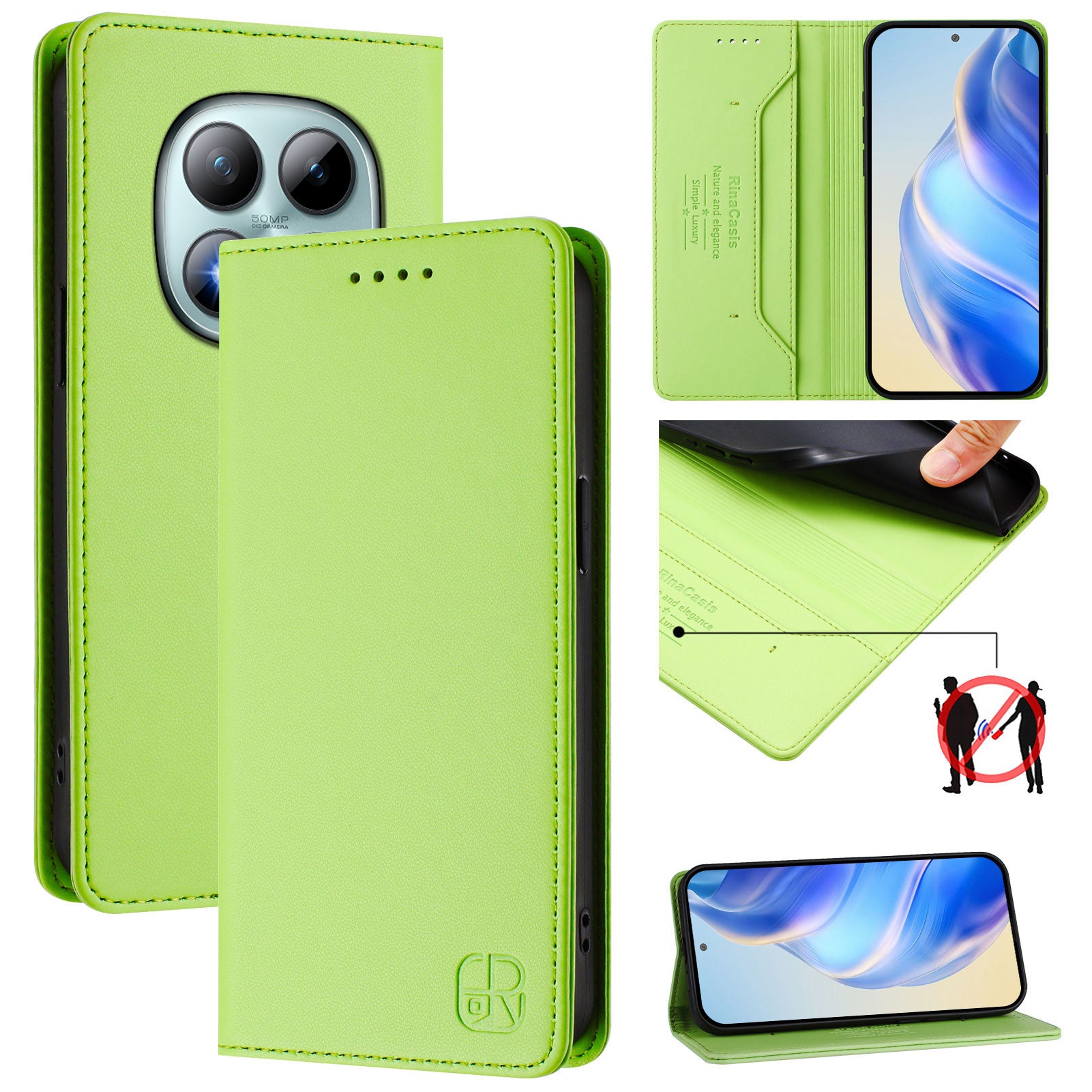 For Xiaomi Poco M8 Pro 5G / Redmi Note 15 Pro+ 5G (Global) Leather Case RINACASIS RC01 Phone Cover with RFID Blocking Wallet Stand - Green