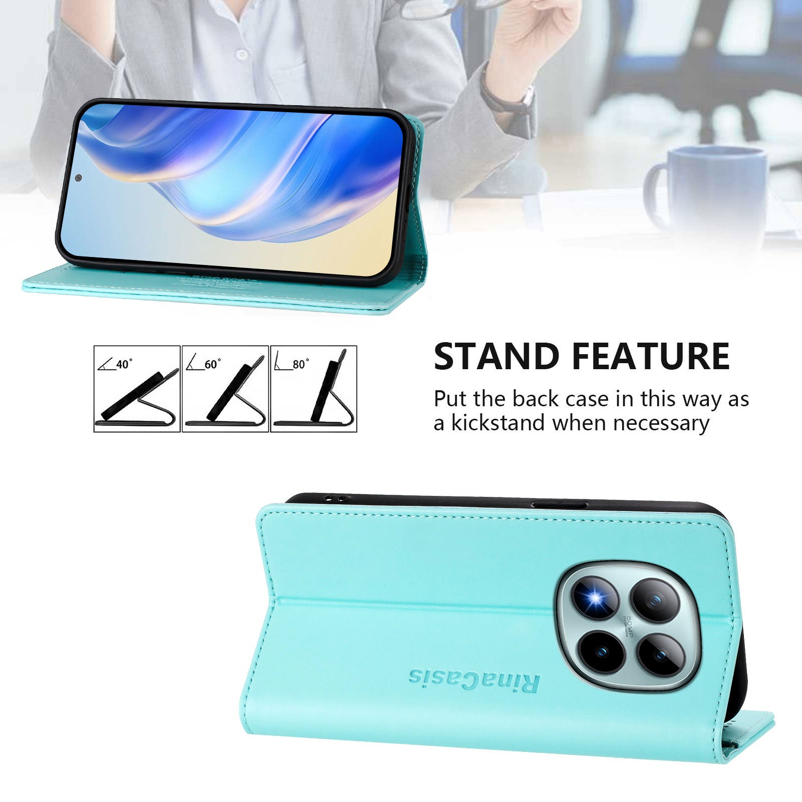 For Xiaomi Poco M8 Pro 5G / Redmi Note 15 Pro+ 5G (Global) Leather Case RINACASIS RC01 Phone Cover with RFID Blocking Wallet Stand - Mint Green