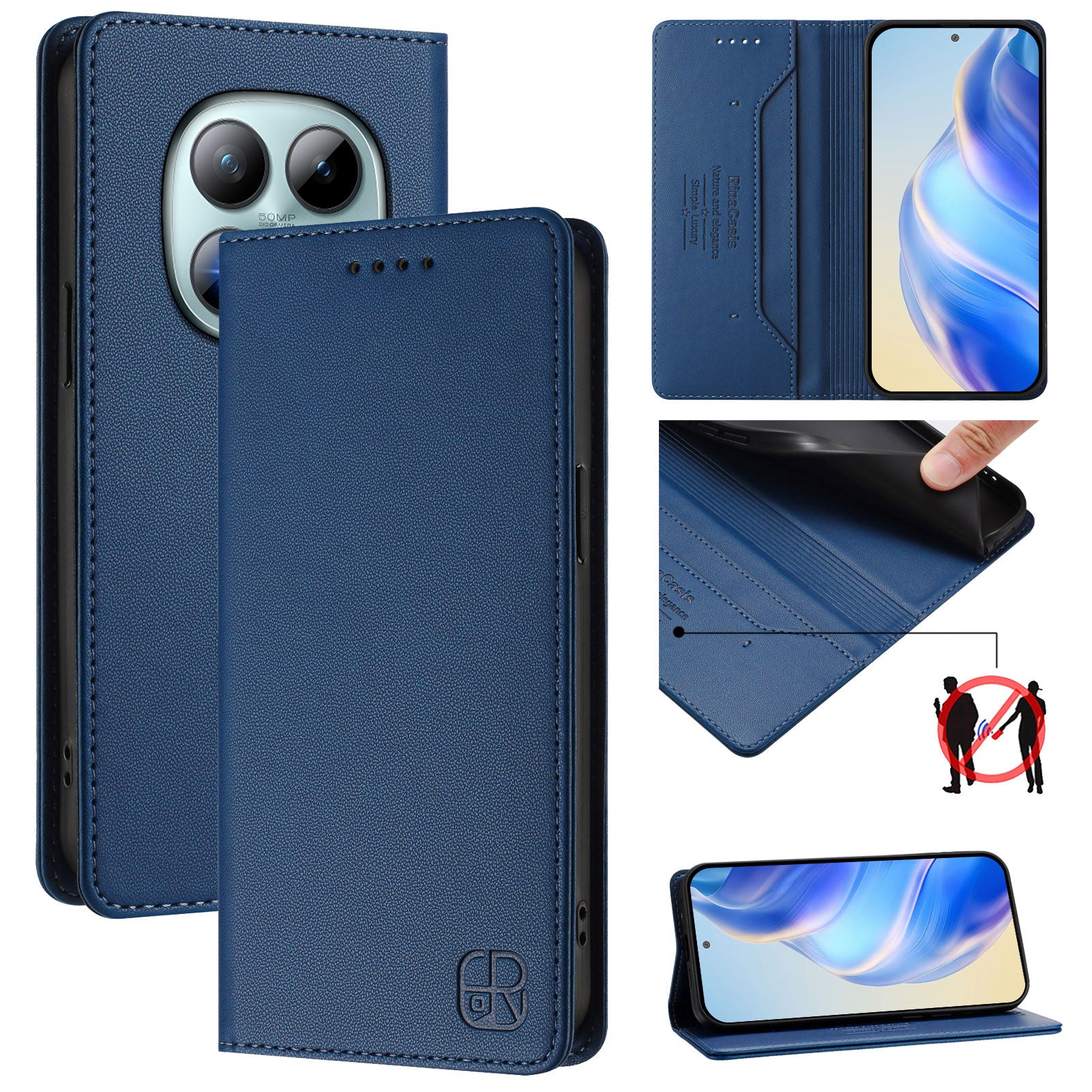 For Xiaomi Poco M8 Pro 5G / Redmi Note 15 Pro+ 5G (Global) Leather Case RINACASIS RC01 Phone Cover with RFID Blocking Wallet Stand - Dark Blue