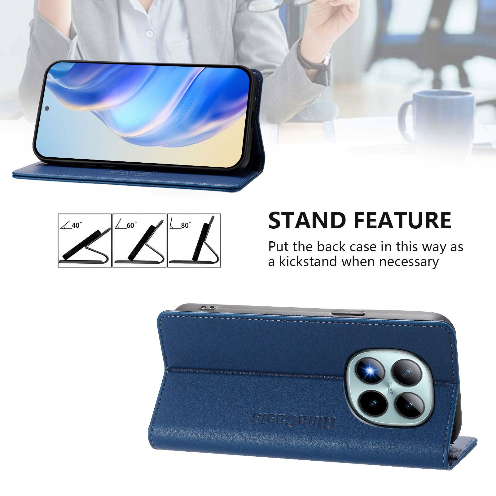 For Xiaomi Poco M8 Pro 5G / Redmi Note 15 Pro+ 5G (Global) Leather Case RINACASIS RC01 Phone Cover with RFID Blocking Wallet Stand - Dark Blue