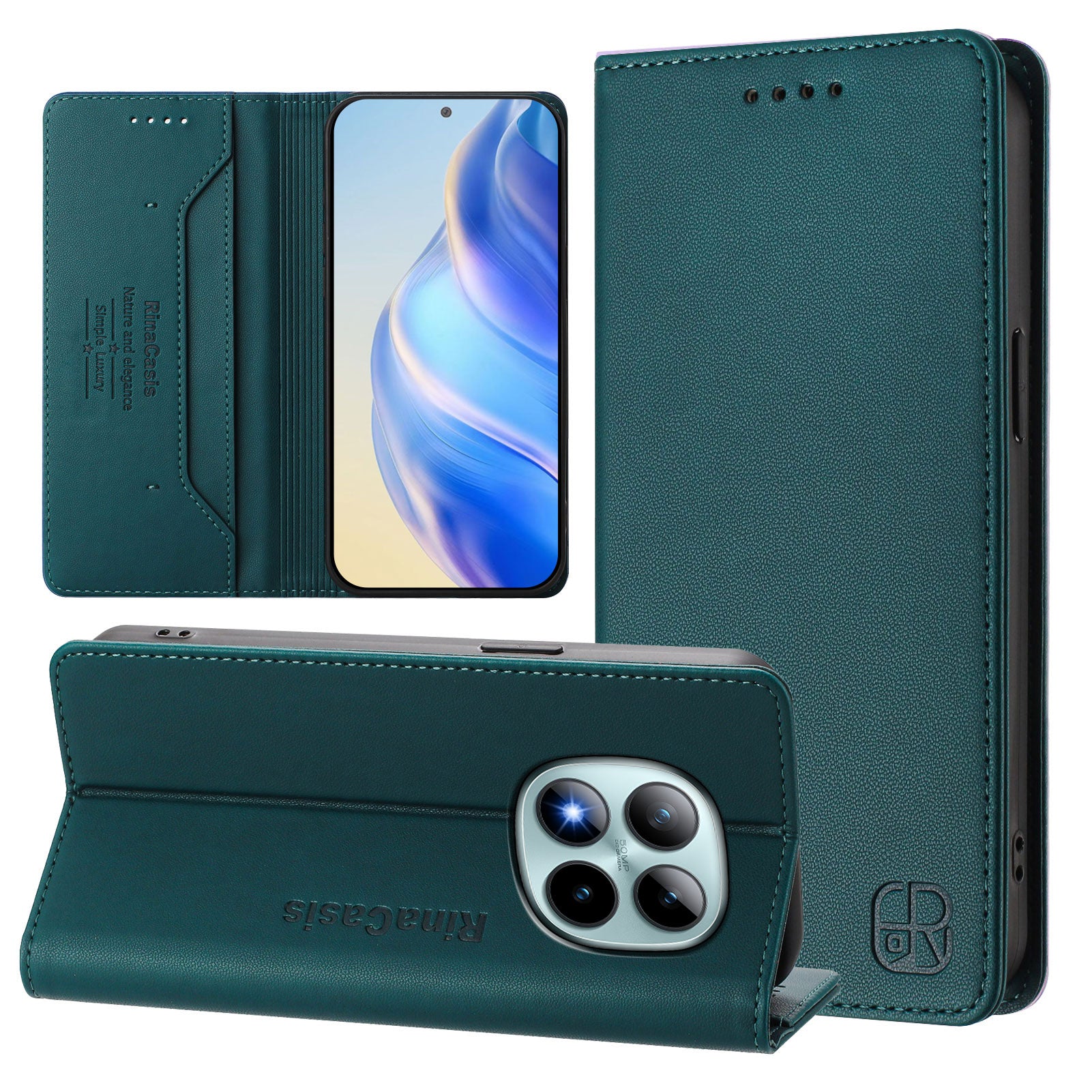 For Xiaomi Poco M8 Pro 5G / Redmi Note 15 Pro+ 5G (Global) Leather Case RINACASIS RC01 Phone Cover with RFID Blocking Wallet Stand - Dark Green