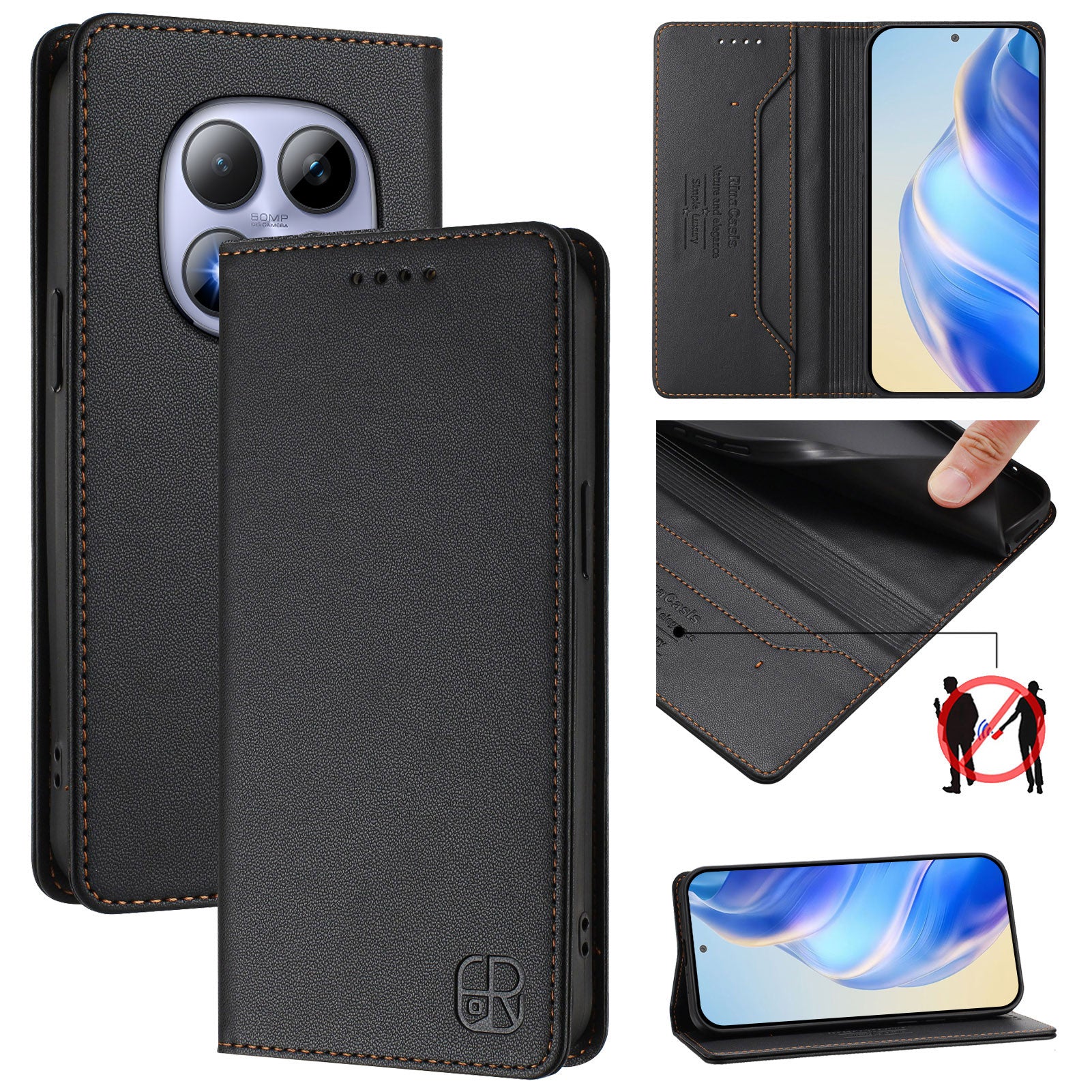 For Xiaomi Redmi Note 15 Pro 5G (Global) Leather Case RINACASIS RC01 Phone Cover with RFID Blocking Wallet Stand - Black