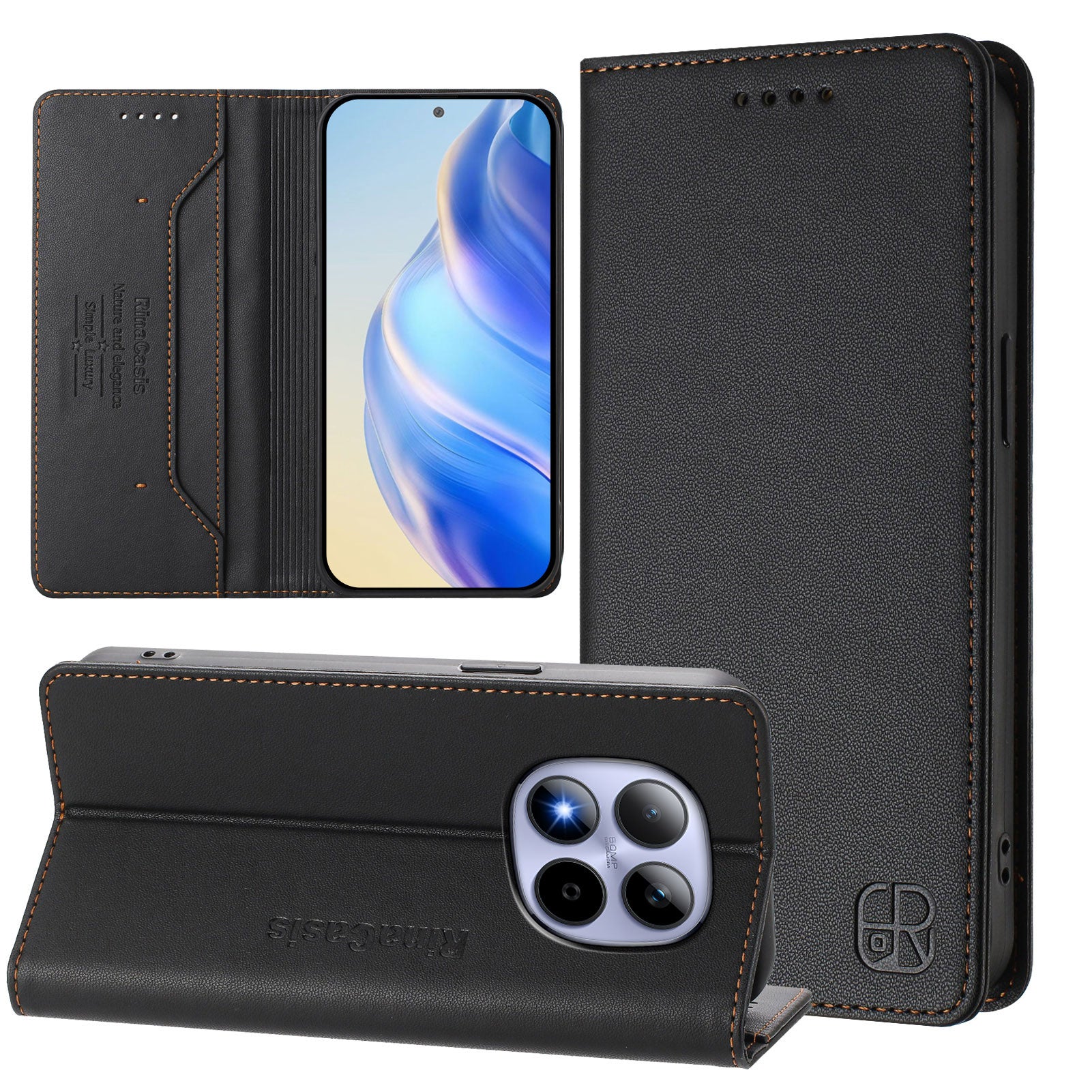 For Xiaomi Redmi Note 15 Pro 5G (Global) Leather Case RINACASIS RC01 Phone Cover with RFID Blocking Wallet Stand - Black