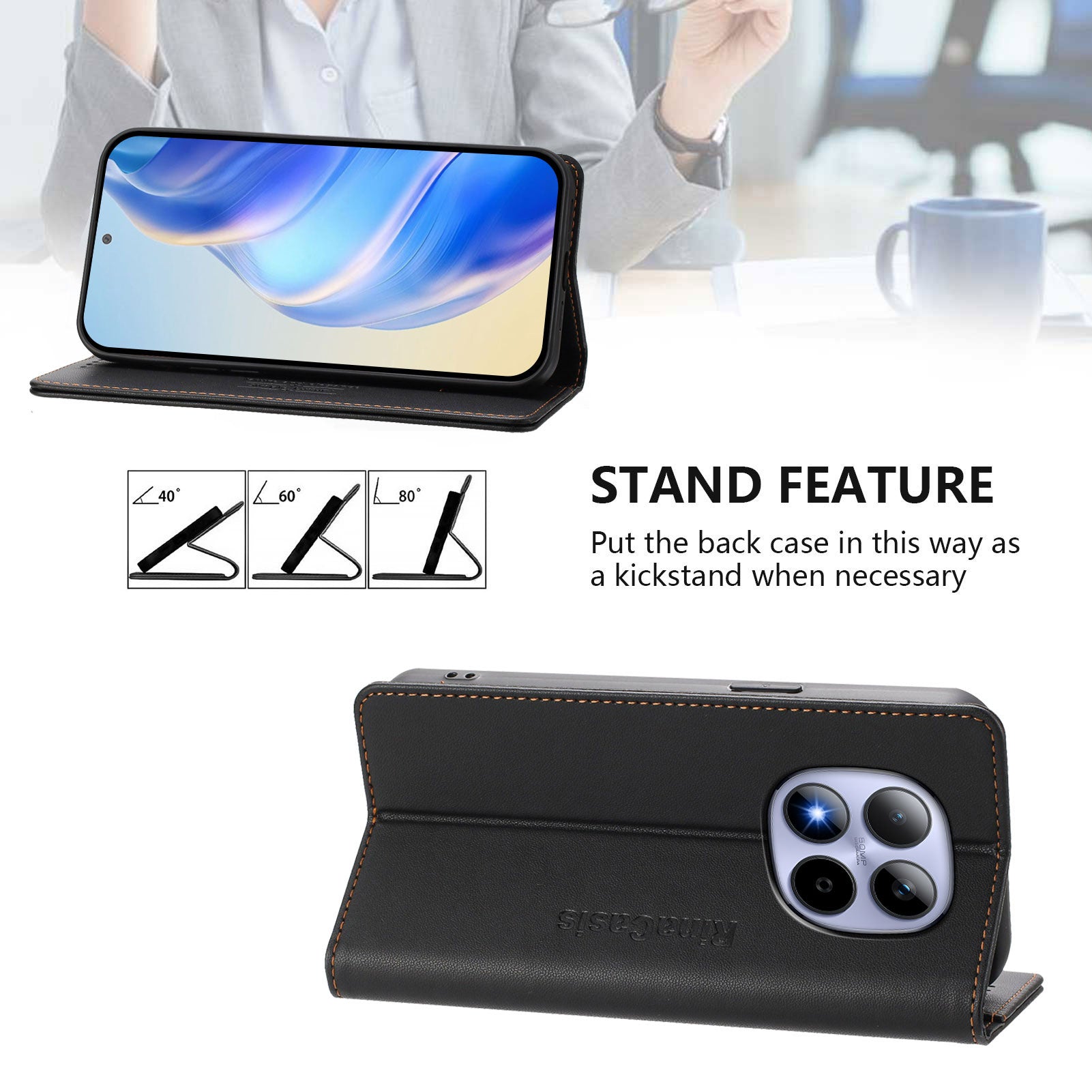 For Xiaomi Redmi Note 15 Pro 5G (Global) Leather Case RINACASIS RC01 Phone Cover with RFID Blocking Wallet Stand - Black