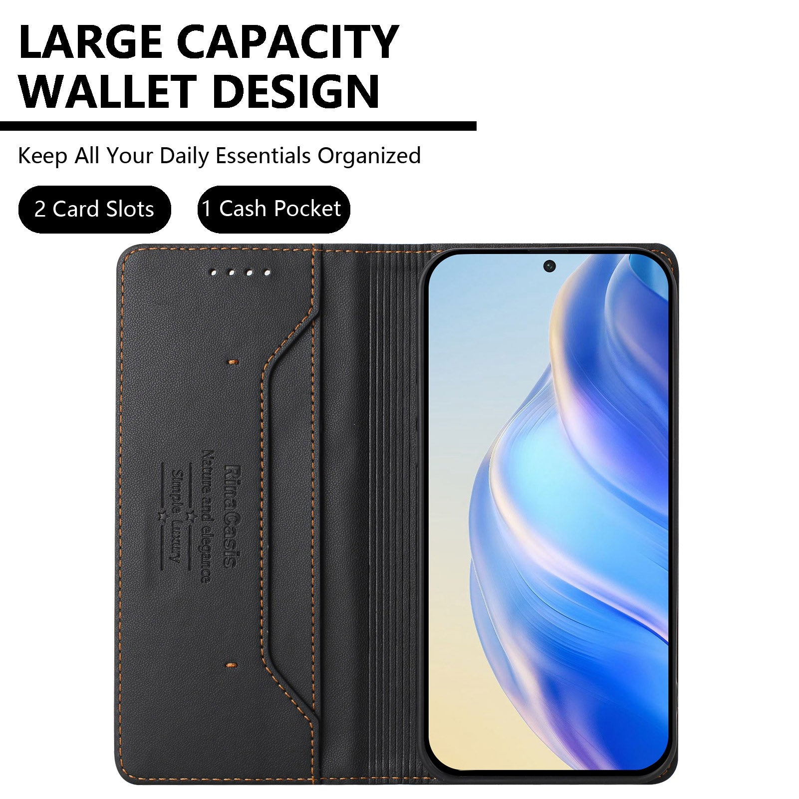 For Xiaomi Redmi Note 15 Pro 5G (Global) Leather Case RINACASIS RC01 Phone Cover with RFID Blocking Wallet Stand - Black