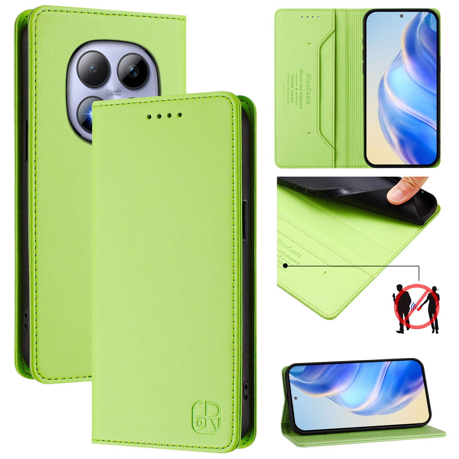 For Xiaomi Redmi Note 15 Pro 5G (Global) Leather Case RINACASIS RC01 Phone Cover with RFID Blocking Wallet Stand - Green