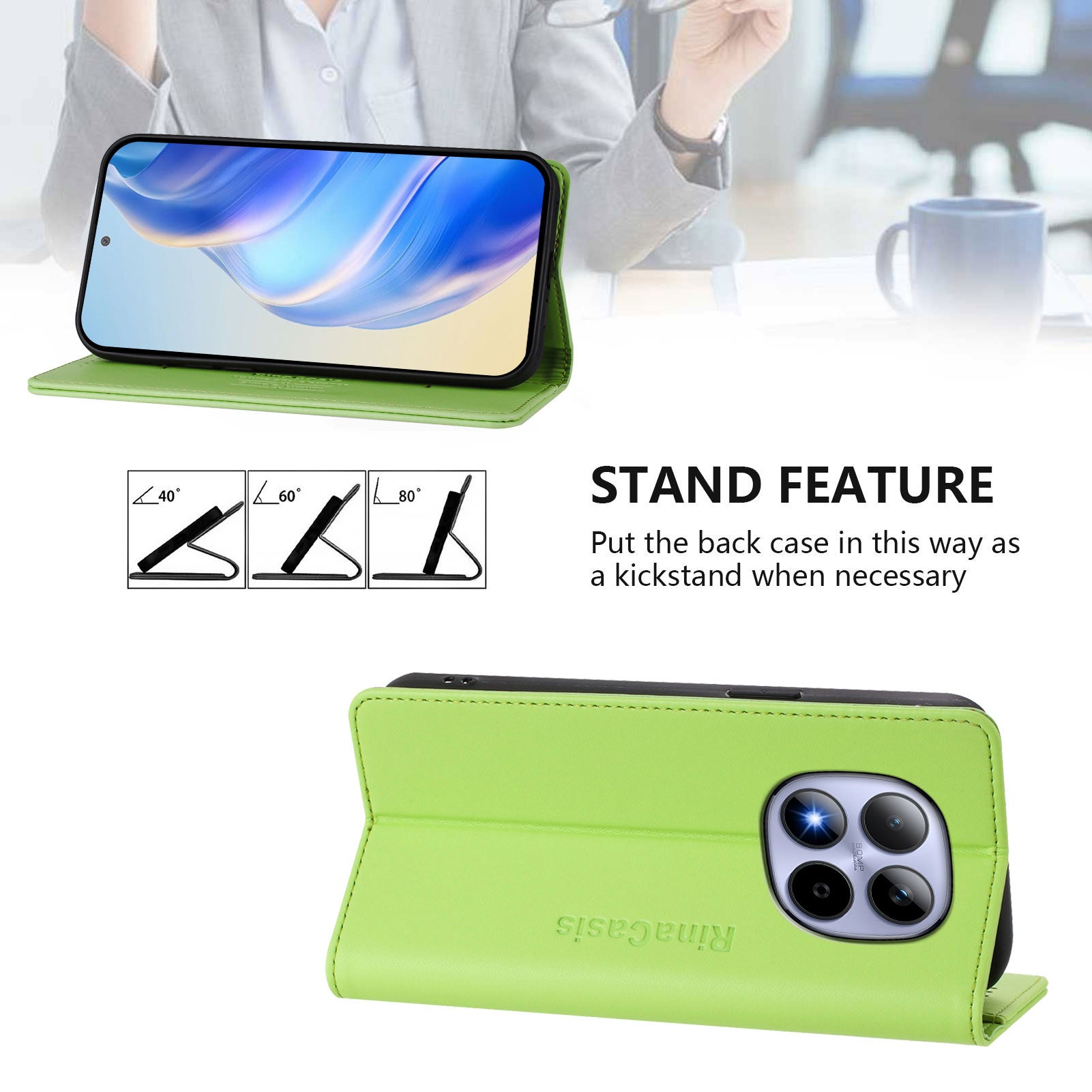 For Xiaomi Redmi Note 15 Pro 5G (Global) Leather Case RINACASIS RC01 Phone Cover with RFID Blocking Wallet Stand - Green
