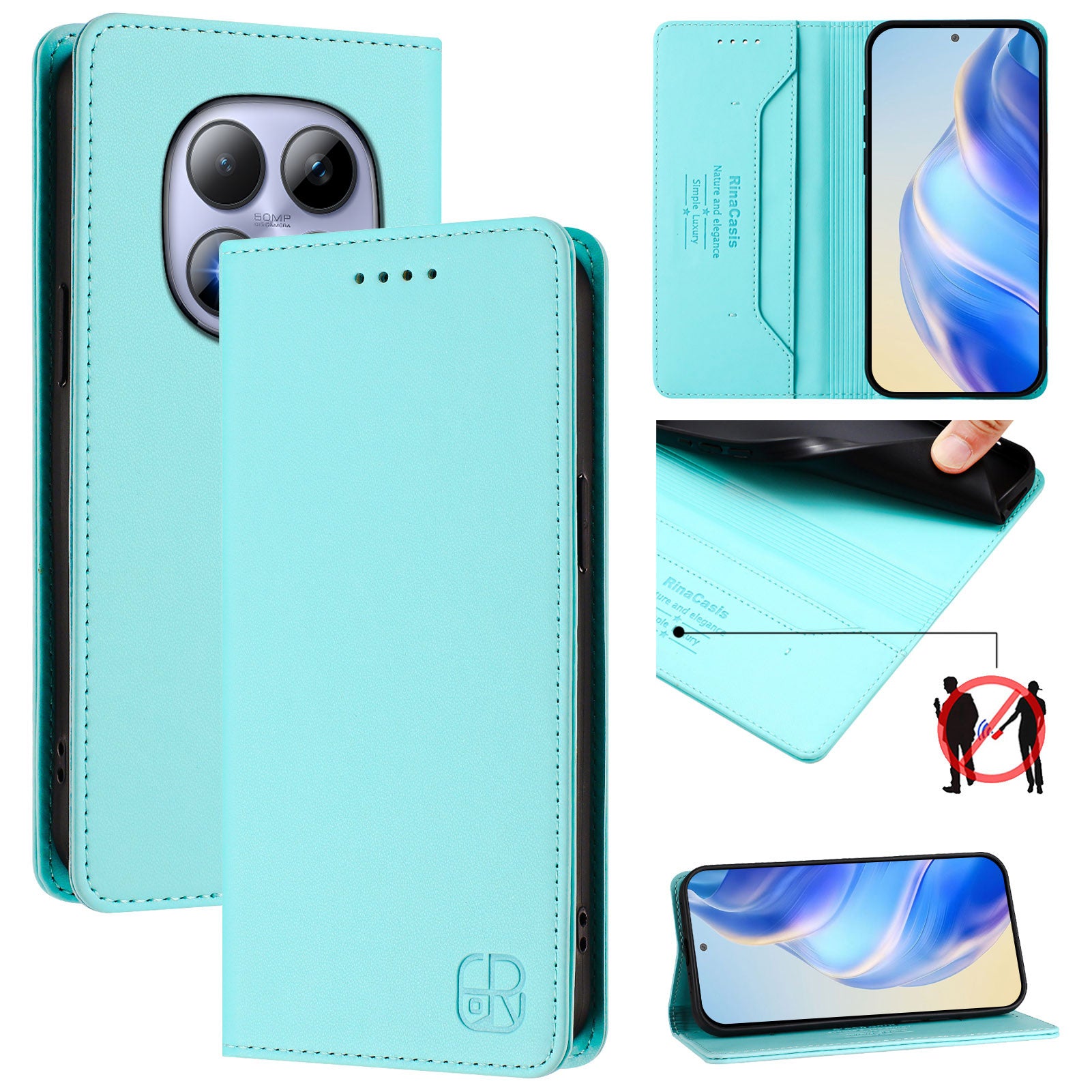 For Xiaomi Redmi Note 15 Pro 5G (Global) Leather Case RINACASIS RC01 Phone Cover with RFID Blocking Wallet Stand - Mint Green
