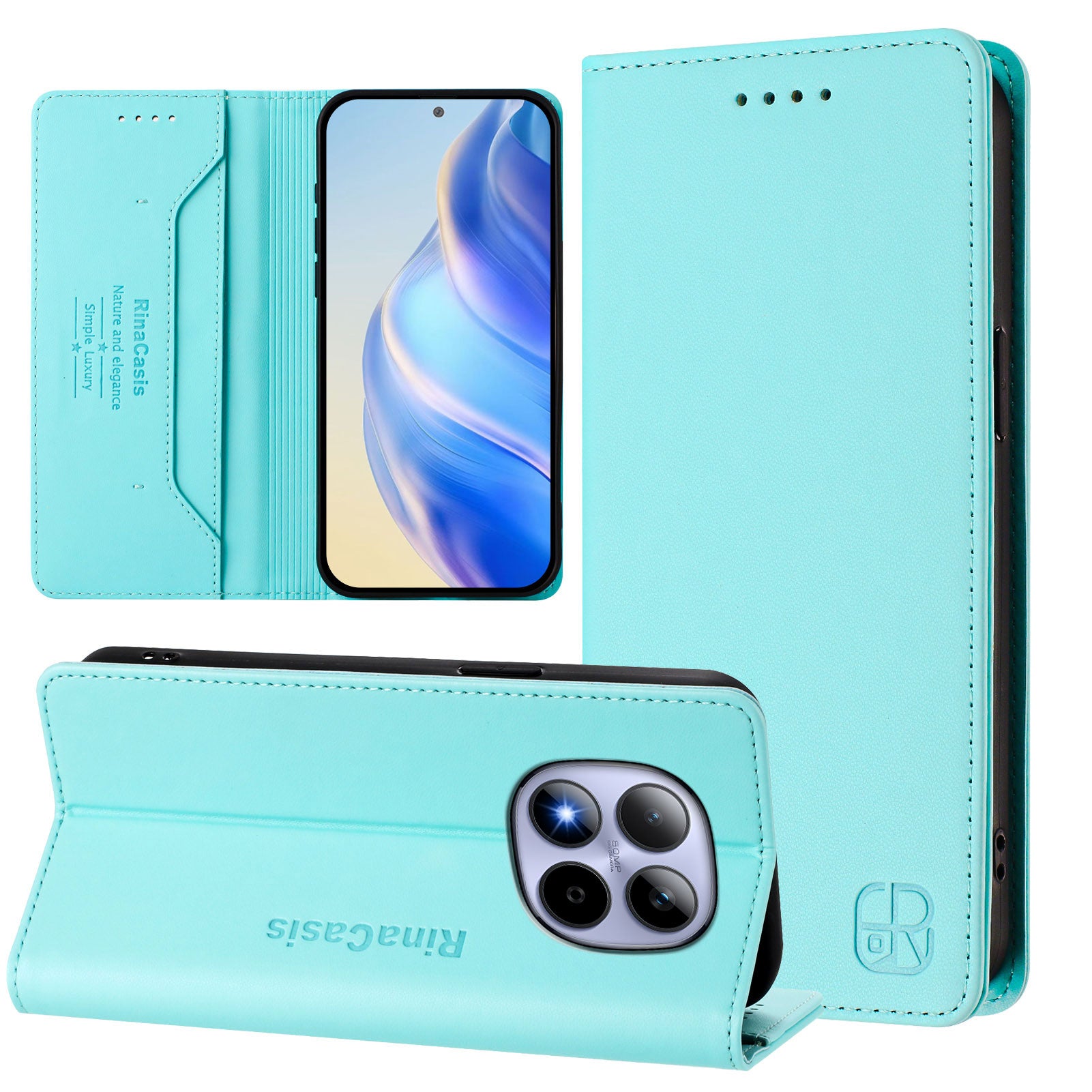 For Xiaomi Redmi Note 15 Pro 5G (Global) Leather Case RINACASIS RC01 Phone Cover with RFID Blocking Wallet Stand - Mint Green
