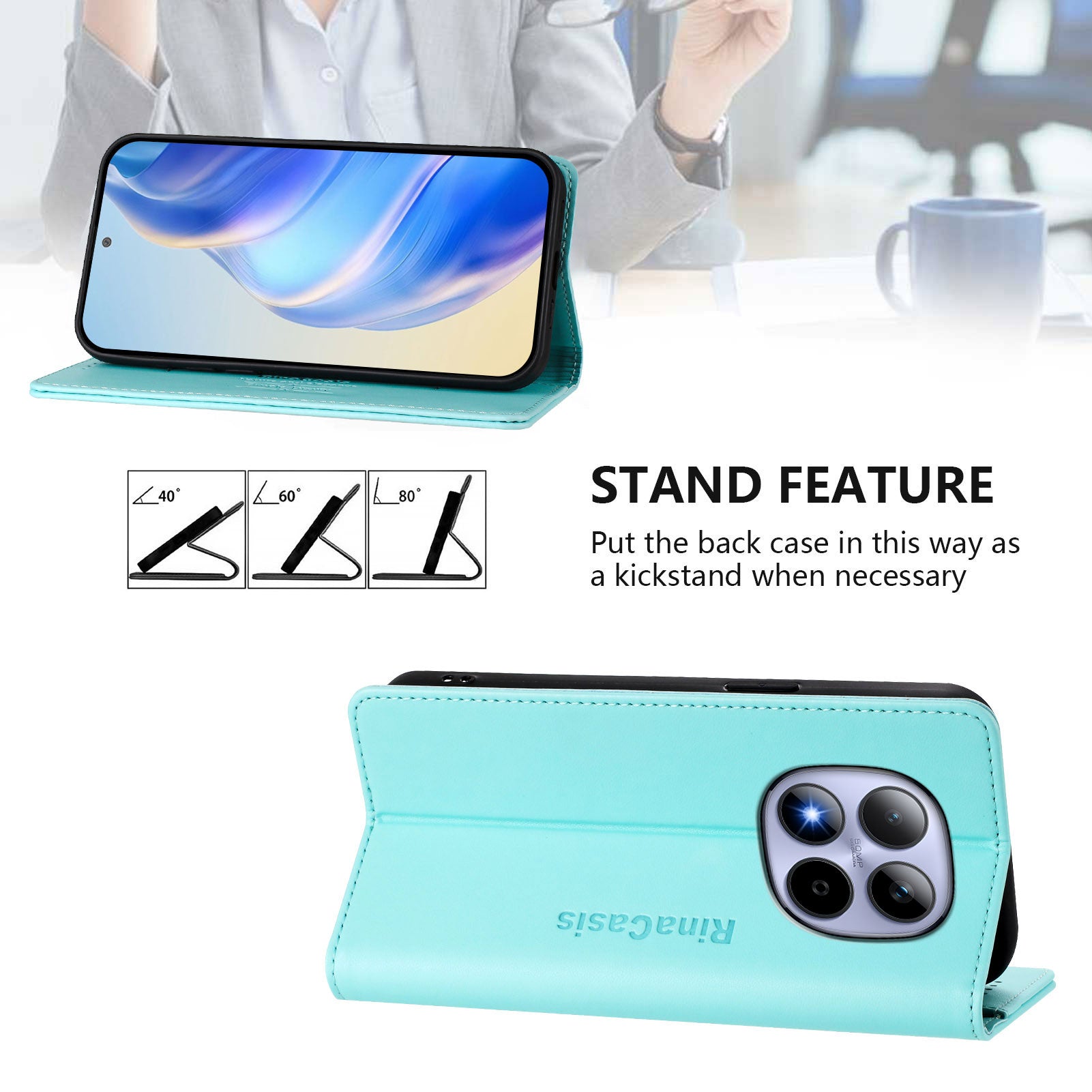 For Xiaomi Redmi Note 15 Pro 5G (Global) Leather Case RINACASIS RC01 Phone Cover with RFID Blocking Wallet Stand - Mint Green