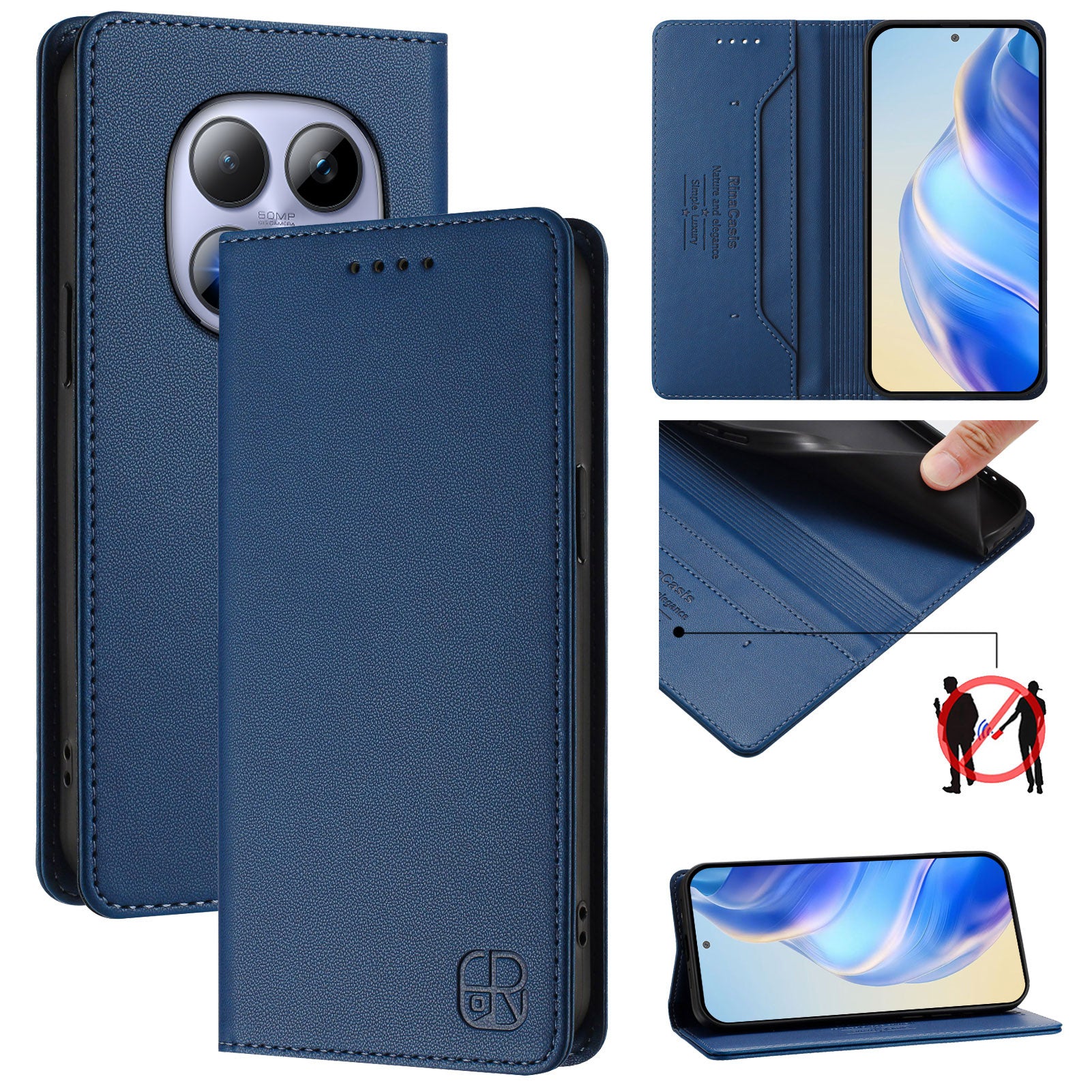 For Xiaomi Redmi Note 15 Pro 5G (Global) Leather Case RINACASIS RC01 Phone Cover with RFID Blocking Wallet Stand - Dark Blue