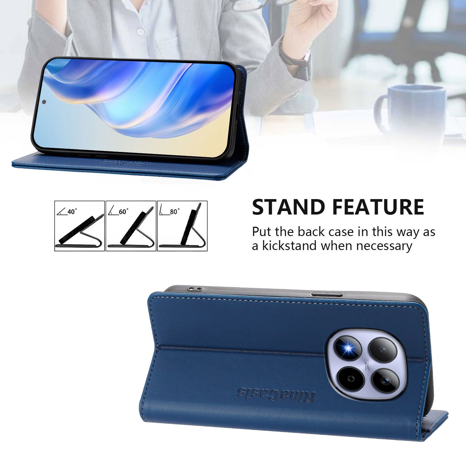 For Xiaomi Redmi Note 15 Pro 5G (Global) Leather Case RINACASIS RC01 Phone Cover with RFID Blocking Wallet Stand - Dark Blue